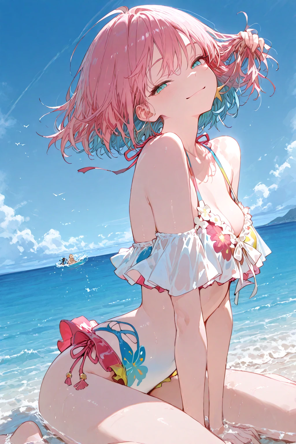 pink hair, twintails, white maid, bikini, closeup shot, masterpiece, best quality, high quality, hyper detailed, ultra detailed, insanely detailed, beautiful, 4K, 8K, highres, kawaii, blush, cheerful smile, lens flare, dust effect, bloom, shining lights, bloom, fish-eye lens, vibrant colors, from side, looking at viewer, duch angle, morning glory, dappled sunlight, plant, creavage, thighs, palm tree, wet hair, wet, (powder light), splash, wave, floating hair, water drop, sparkling glitter, thunder head,