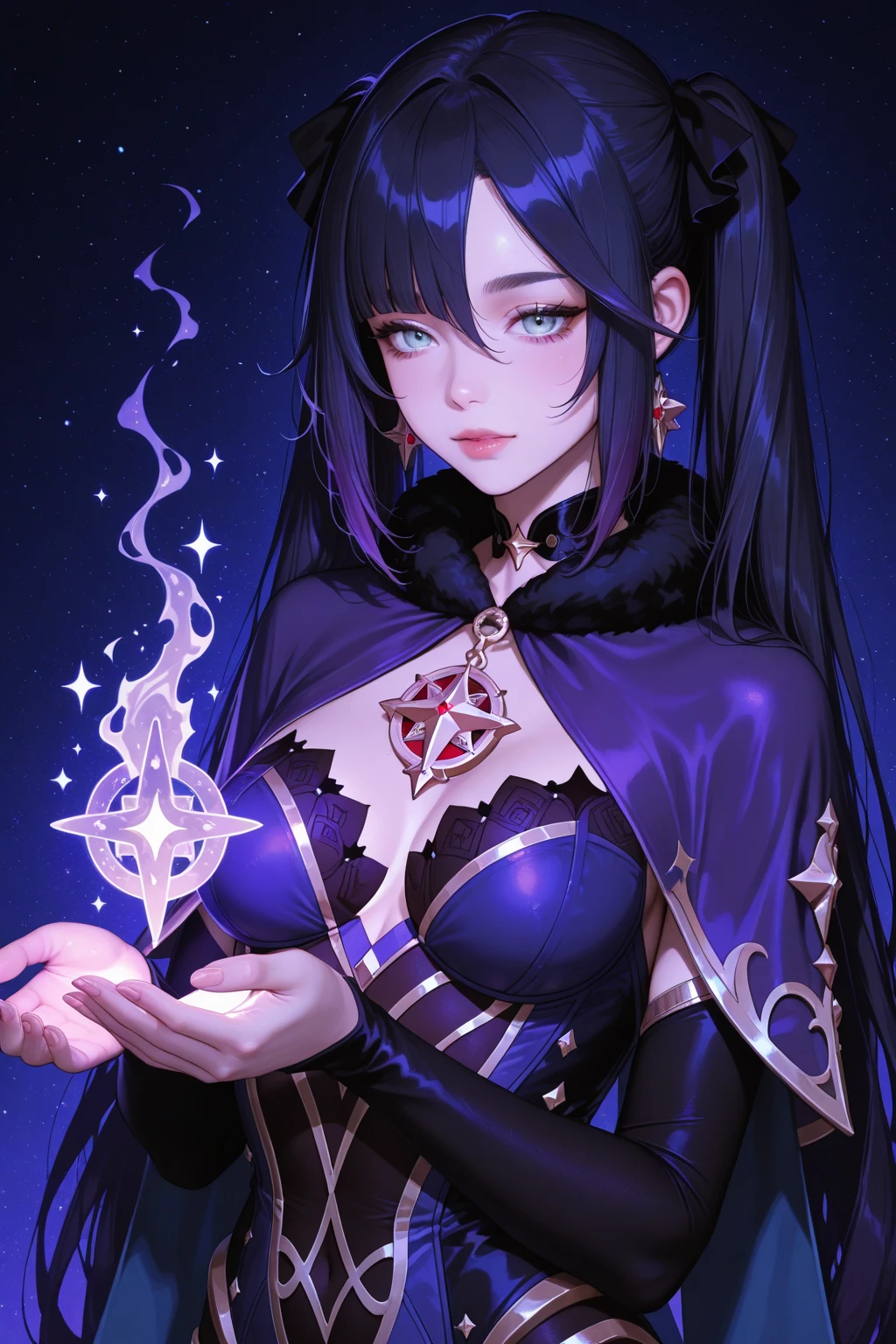 void, black holes, witch, cursed tattoo, capes, grey skin, crest, close-up, magic circle on hand, fantasy art, sapphire accesory, perfect body shape, look away, shy face, masterpieces, solo, magical belt, void aura