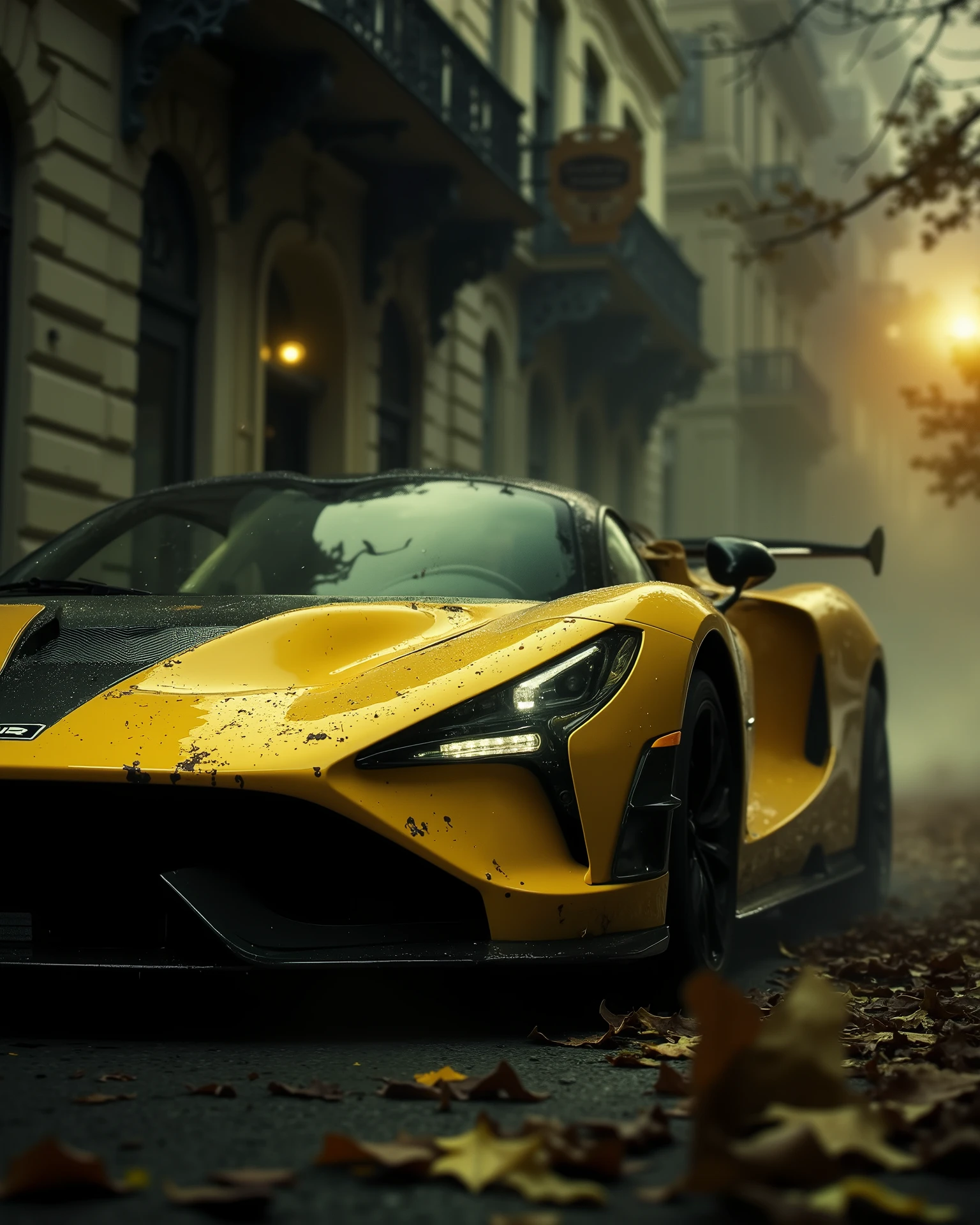 A very beautiful sports luxury car design with low ground space, yellow and black combination car, luxury touches, background with Lightroom effect with smock , simple background, low angle pic side of the car , car is running motion effect , speed motion effect , car at close distance, car headlight zoom in, poster design art, add Minrah Brand name to show the car company Minrah , background us road old british rich background