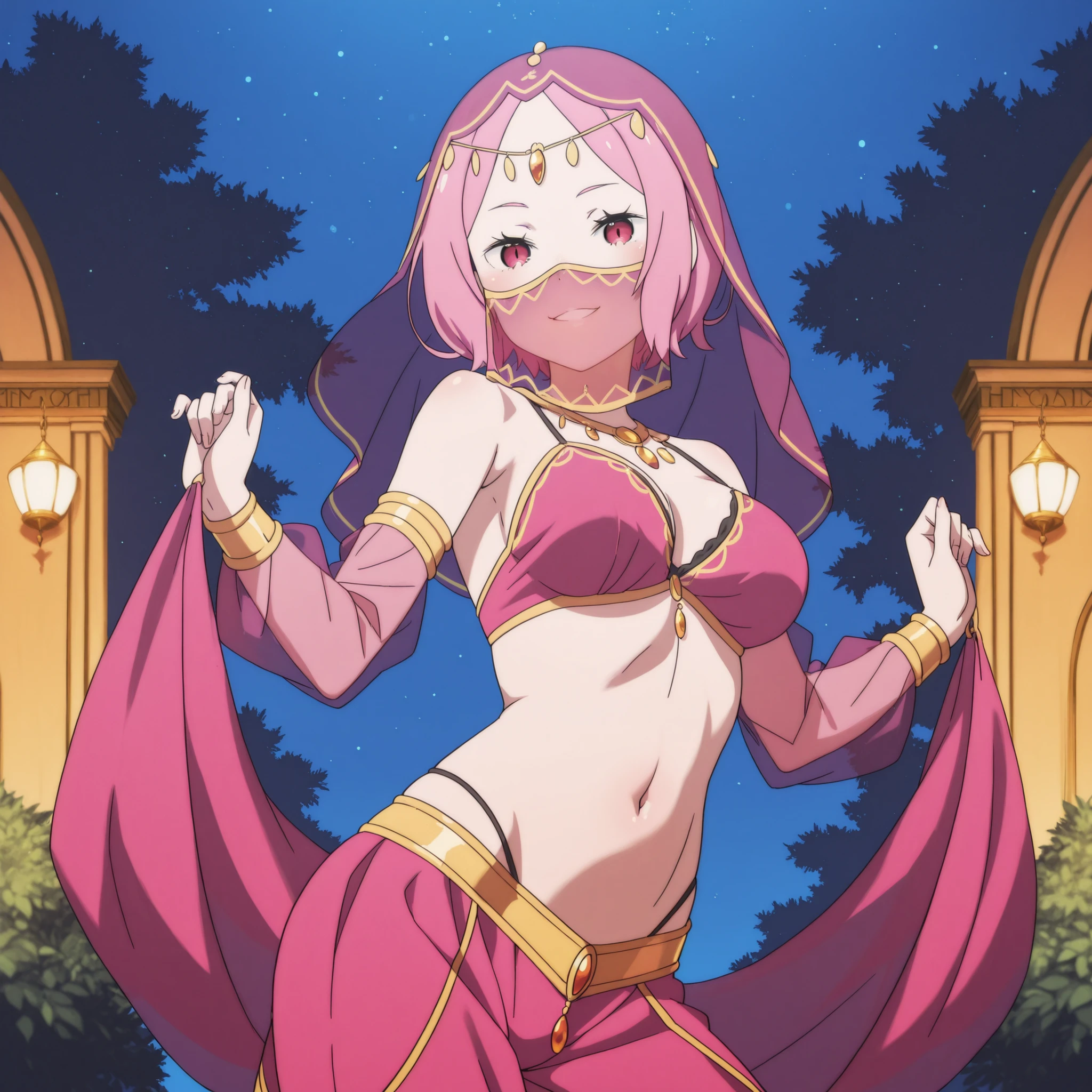 1girl:1 . 5) , (Seul:1 . 5) , score_9 , score_8_haut , score_7_haut , source_anime , Official work , ultra-detailed , masterpiece , best quality plaid shorts , high res , beaux yeux , detailed eyes , Detailed Face , beautiful detailed eyes ,RE:ZERO, Ram , Arabian Clothes , Arabian Dancer ,belly dancer costume , face veil, veil , golden jewelery,harem outfit, harem skirt, harem pants, belly dancing, harem veil , night , arabian garden , seductive smile, dancing with veil, dynamic movement, sexy pose