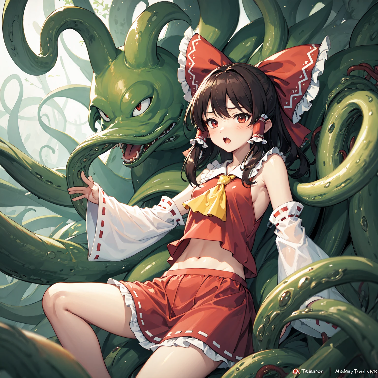 ((NSFW100))、(((full body seen)))、(((Flat))), (((busty girl)))、(((short dark hair))), (((the eyes are golden)))、((Wearing a red slimy tentacle dress))、(Slimy skin)、((With an ecstatic look))、(The legs are made of slimy tentacles)、(The arms are made of slimy tentacles)、(Hanging from a tree with a tentacle tail)、gazing into distance、 It dozes off in its arms, hugging its large, thick tentacles