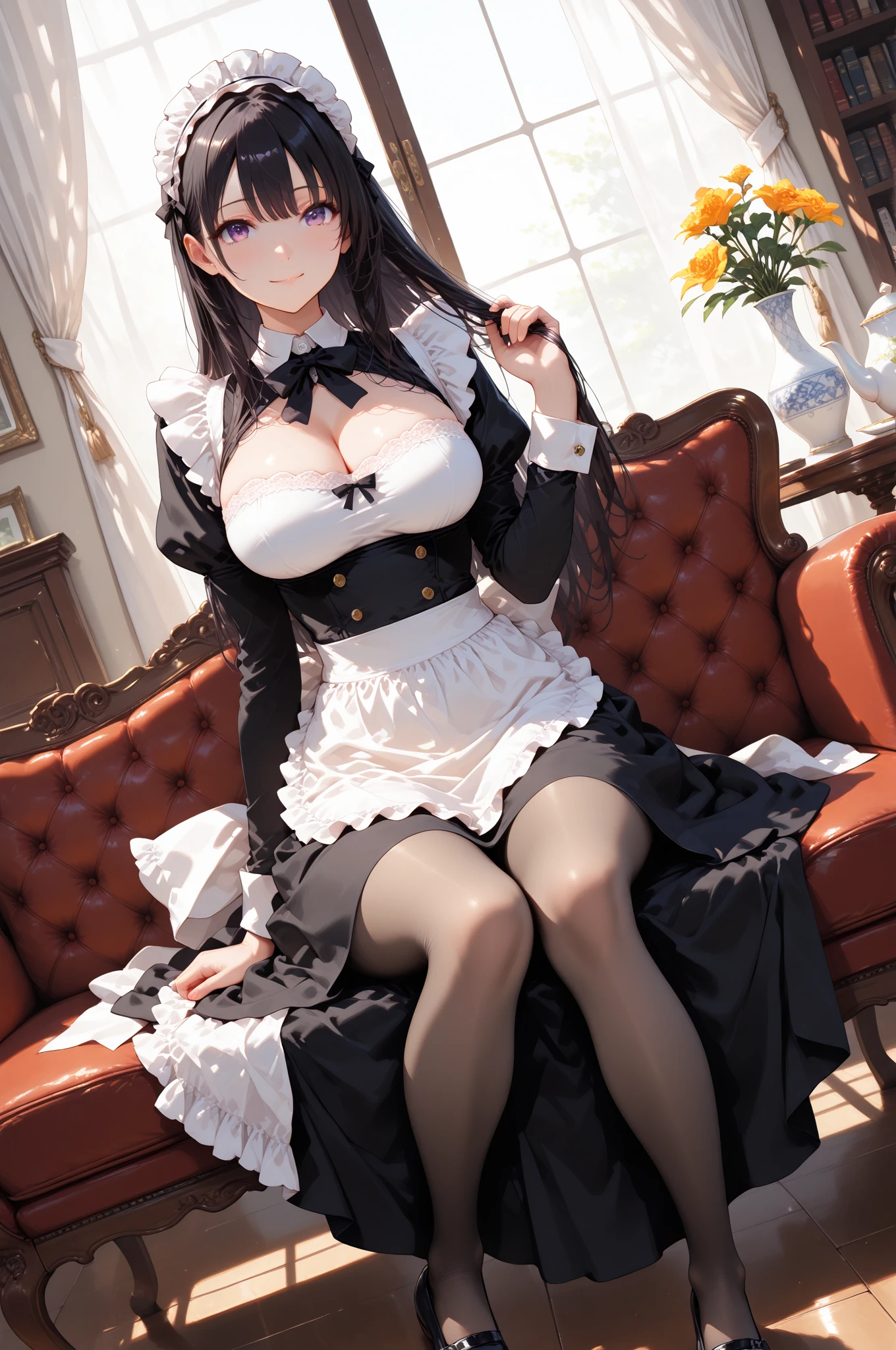 1woman(solo, full body view, frontal view, standing, hands folded in lap, facing camera), 30years old, sexy, beautiful, latina, dark tanned skin, dark brown hair, long hair, straight hair, shiny hair, green eyes, big eyes, shy, slim build, very long legs, medium firm breasts, perfectly groomed, maid uniform(very short skirt, big cleavage, no panties), maid headdress, black heels, eye contact, minimalistic room(white walls, wooden floor, minimalistic furniture, lots of flowers), best resolution, best quality, high quality, anime, ecchi, hentai
