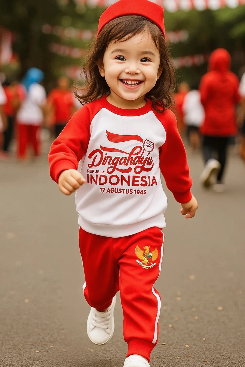 4D caricature of a 10 year old Indonesian boy, front view running happily chasing his dreams like a champion, his right hand clenched upwards and on his arm is a red and white ribbon. Indonesia is wearing a red t-shirt that says "DAFFA" and white pants and black shoes holding the Indonesian flag. in a complete circle with a sharp bamboo background of Indonesian independence.
Realistic Full HD 12K is very clear and super detailed.