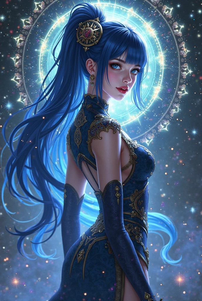 best quality ,masterpiece, illustration, an extremely delicate and beautiful, extremely detailed ,CG ,unity ,8k wallpaper, Amazing, finely detail, masterpiece, best quality, official art, extremely detailed CG unity 8k wallpaper, huge filesize , ultra-detailed, highres, extremely detailed, beautiful detailed girl, extremely detailed eyes and face, beautiful detailed eyes, light on face, 1girl, (18yo:1.2), glaring, serious, from behind, (galaxy:1.2), star \(sky\), (night sky:1.4), outdoors, (upper body:1.2), detailed sky, night, arms at sides, bule eyes, china dress, east asian architecture, see-through,