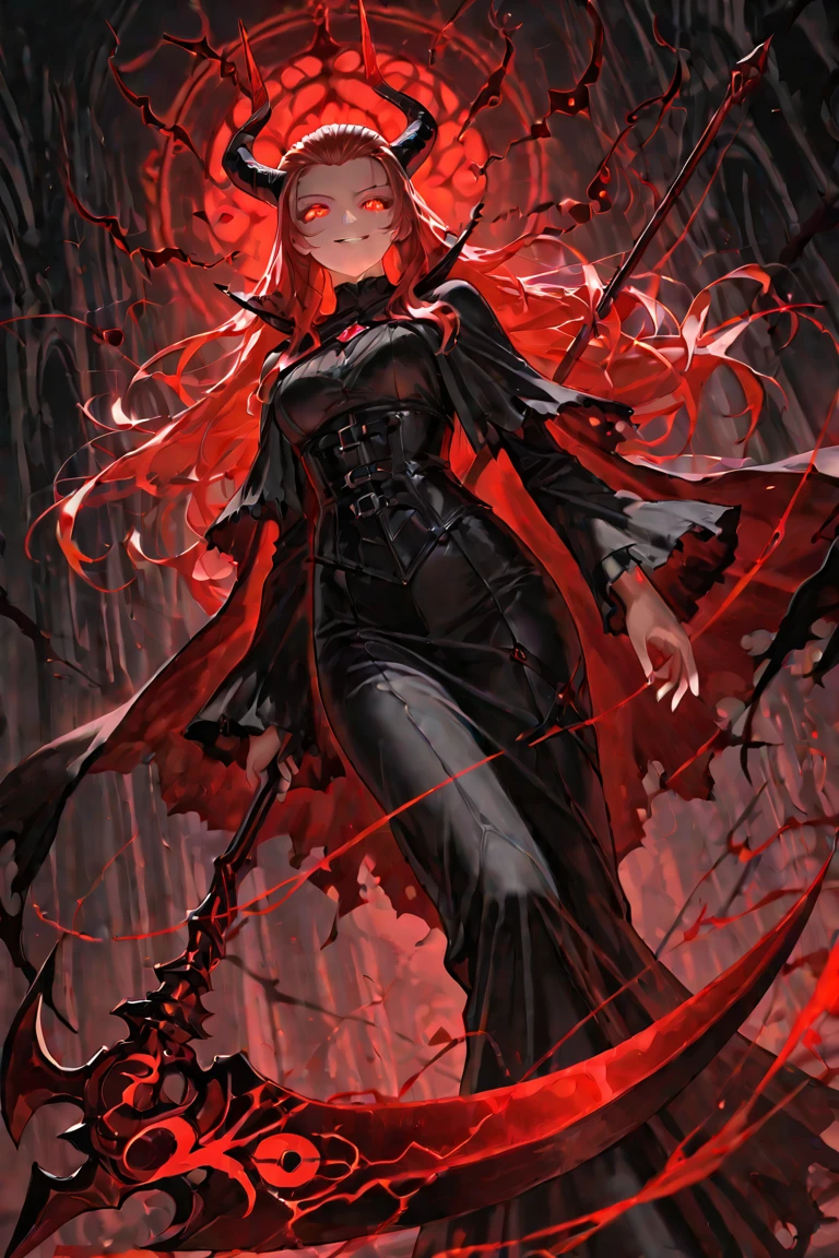 "In this visually striking piece of digital art、Journey into a world of fantasy and wonder。. A mysterious woman with long red hair and seductive black clothing stands in a lush forest。, Her body is、Adorned with intricate tattoos that seem to come to life in the bright sun。."