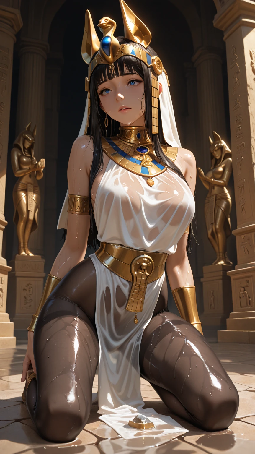 Young beautiful woman,(Highest quality,Extremely detailed depiction,Incredibly absurd high resolution,Anatomically accurate depiction,Curvy Legs),(Glowing Skin,Shiny skin,Oilskin),Princesses of Ancient Egypt,Gorgeous ancient Egyptian costume,High gloss gold and black latex,((A face veil that covers the lower half of the face)),Golden Accessories,Golden Bracelet,Golden earrings,A seductive smile,There is cleavage in the chest,Glossy Lips,On all fours,Put your finger to your mouth,Cleopatra,Sweat,sitting on a gorgeous Persian carpet,background:desert