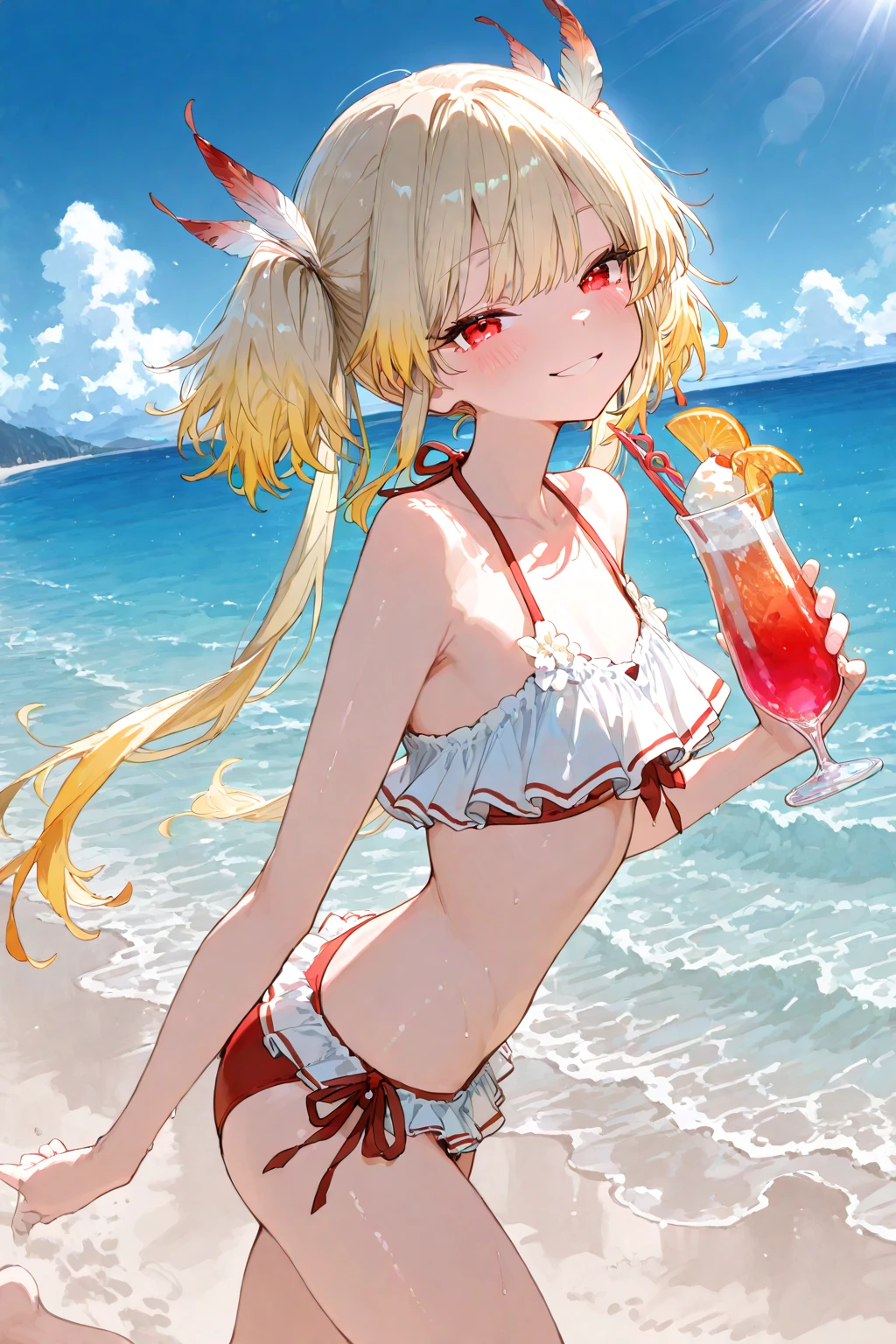 1girl, solo, alluring 36-years-old woman, standing at approximately 5'1" tall, ((slim, petite)), tan olive skin, long blonde hair, emerald eyes, eyeshadow, mascara, red lipstick, ((Wearing a flossing green bikini)), she's looking at the camera with a calm smile, walking, ((holding a beer can in one hand)), beautiful beaches, palm trees, beach resort, beach vacation, summer getaway,