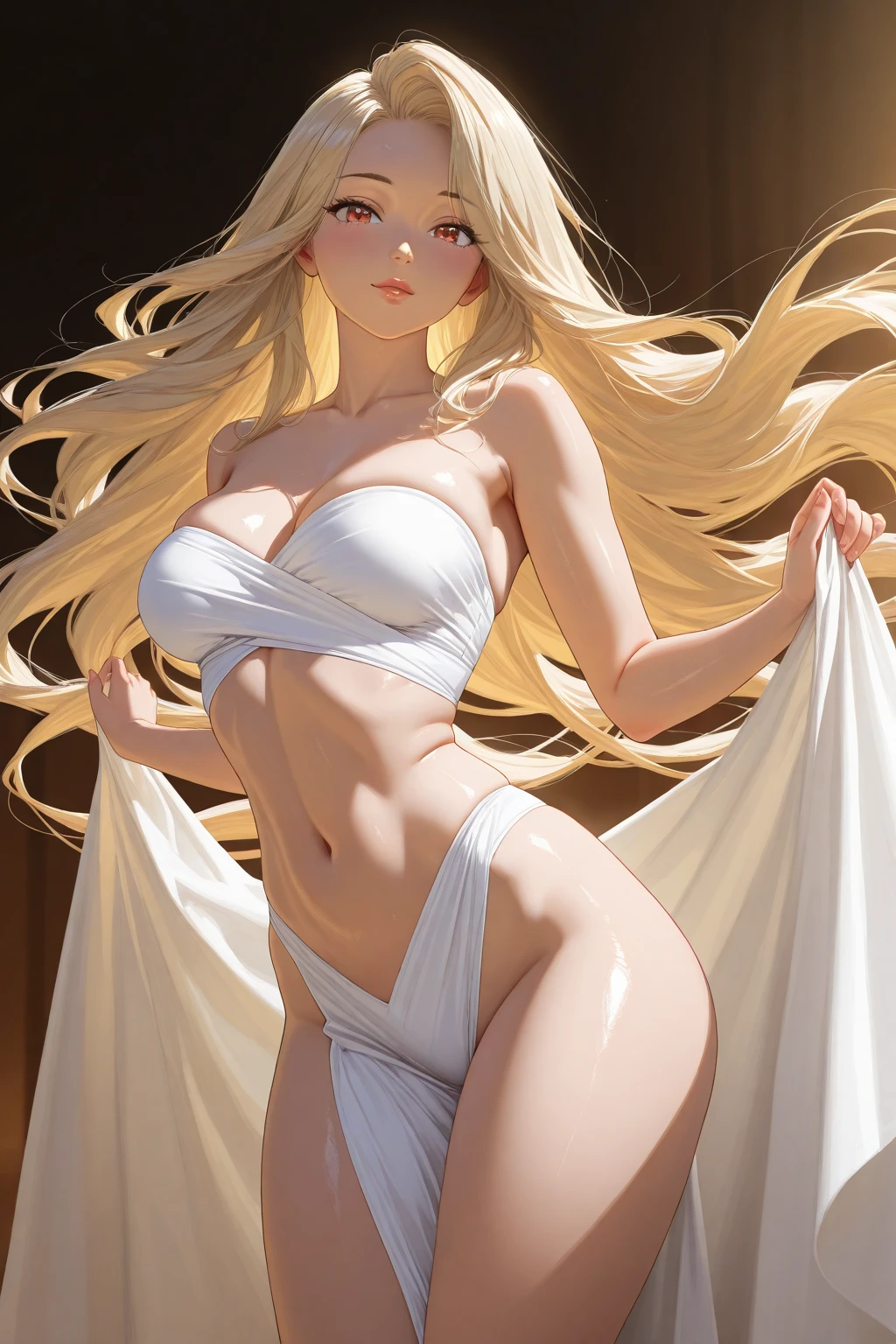 Women, so pretty, Golden Hair, Wavy Hair, Stand and look at the sky.., See the whole body., Raise one hand.., Visualize the whole body