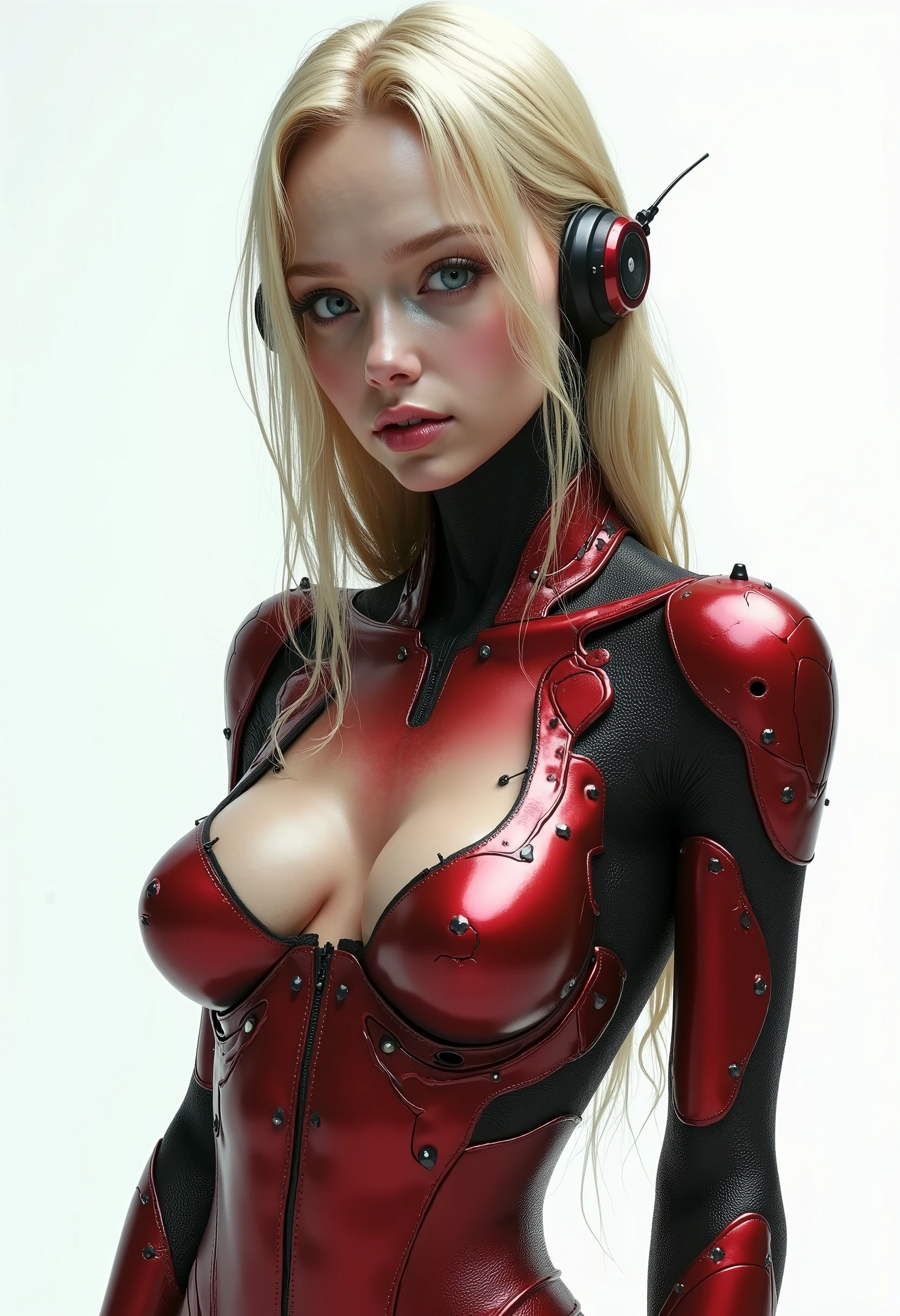 "((Hyper-realistic)) cyborg, Sorayama-esque, ((mecha red body)), ((translucent glass limbs)), leather outfit, ((girl with attitude)), dynamic lighting, intricate reflections, ((edgy cyberpunk atmosphere)). White hair,blue eyes ,all blue celest ,yoga pose ,military pose