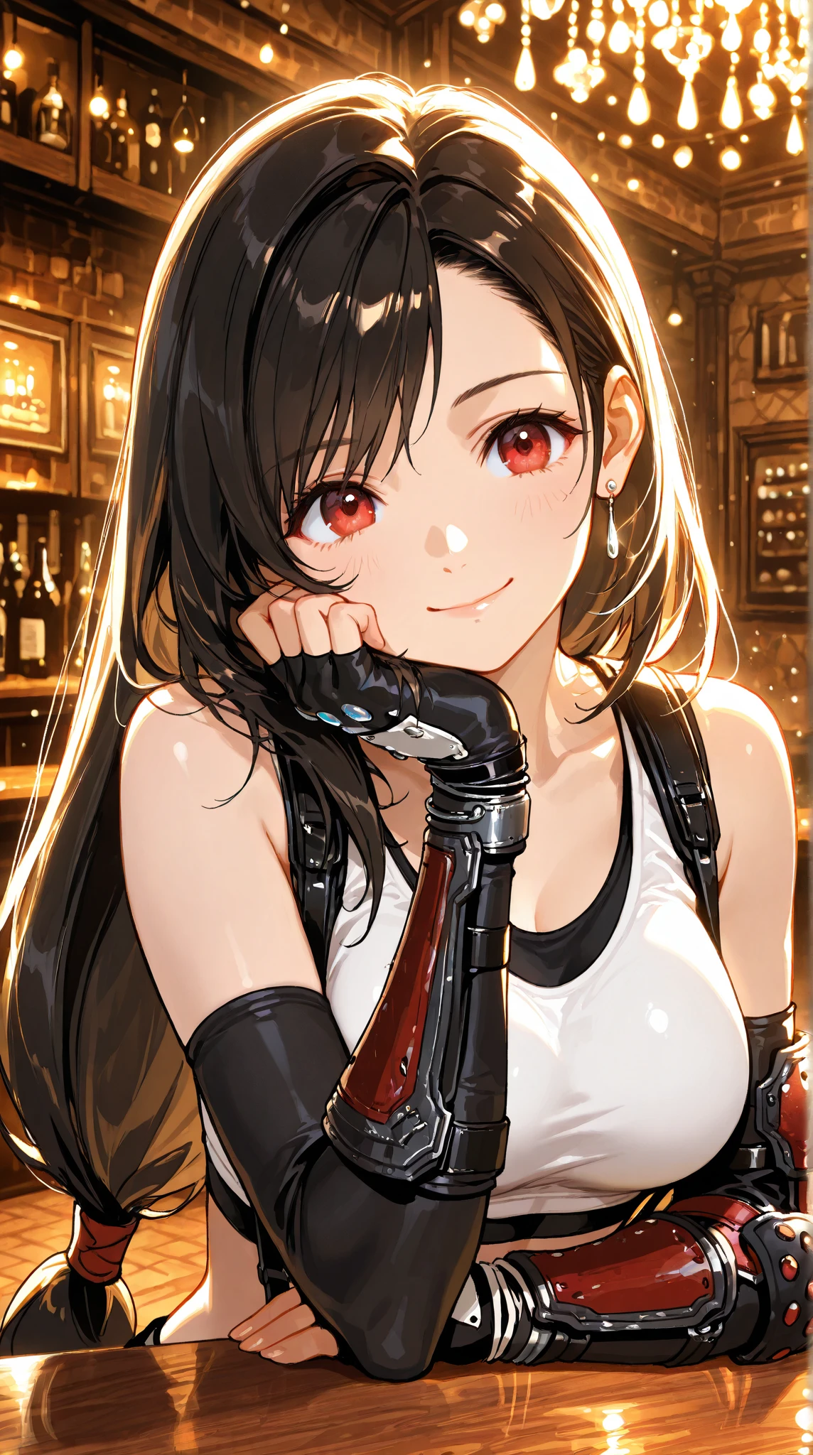 Tifa Lockhart, masutepiece, defTifa, White crop top, elbow pad, Fingerless gloves, suspenders, pencil skirts, Looking at Viewer, Leaning forward, Smile, a bar counter, City at night, whole body, Best Quality
