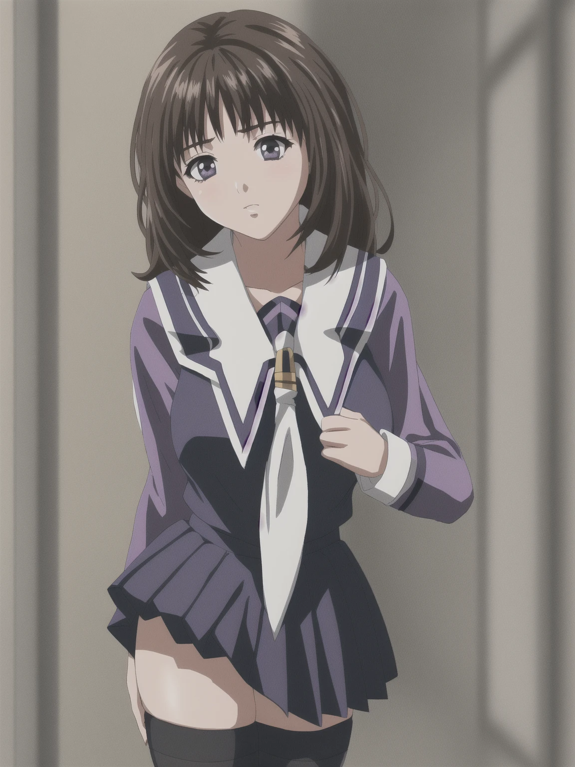 Yoshizuki_Iori, Huge_chest, Are standing, alone, School_uniform_purple_shirt_green_skirt_white_neckerchief_black_Knee socks, masterpiece, Highest quality, Detailed face, Fine grain, High resolution, mini skirt, (skirt lifted by self:1.2), white panties, pov
