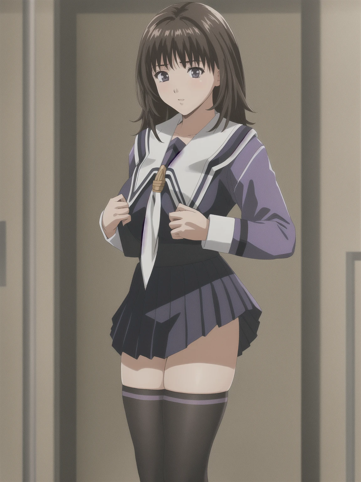 Yoshizuki_Iori, Huge_chest, Are standing, alone, School_uniform_purple_shirt_green_skirt_white_neckerchief_black_Knee socks, masterpiece, Highest quality, Detailed face, Fine grain, High resolution, mini skirt, (skirt lifted by self:1.2), white panties, pov