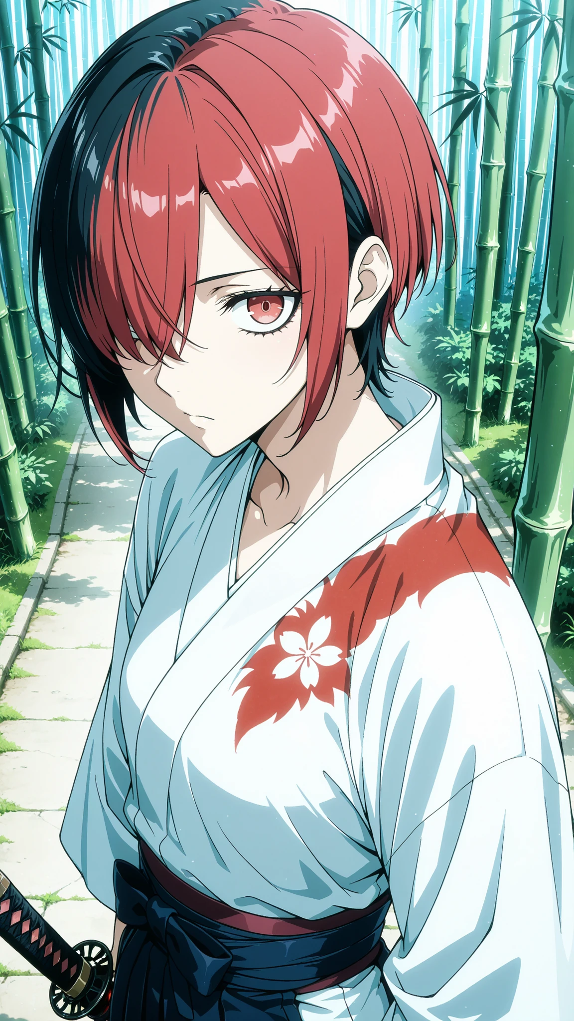SAMURAI  giri , 
High quality ,  best quality , masterpiece,  High Resolution , anatomically correct,anime Coloring, Screencap
1girl,solo, tall woman, Cool woman,, androgynous,
red hair(70% coloring) ,black hair,2 color hair,short hair,, ,red eyes, , hair over one eye,  ,small breasts,
kimono,hakama,Katana,Katana focus, Sheath
looking at viewer , close-up,from above,upper body
, Bamboo forest
,, Gangsta style