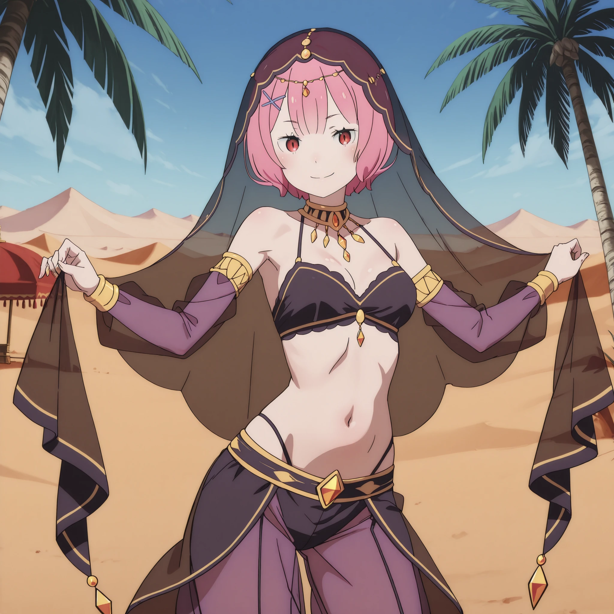 1girl:1 . 5) , (Seul:1 . 5) , score_9 , score_8_haut , score_7_haut , source_anime , Official work , ultra-detailed , masterpiece , best quality plaid shorts , high res , beaux yeux , detailed eyes , Detailed Face , beautiful detailed eyes ,RE:ZERO, Ram , Arabian Clothes , Arabian Dancer ,belly dancer costume , veil , golden jewelery,harem outfit, harem skirt, harem pants, Transparent pants, belly dancing, harem veil , desert landscapse, palm tree , seductive smile, dancing with veil, dynamic movement, sexy pose