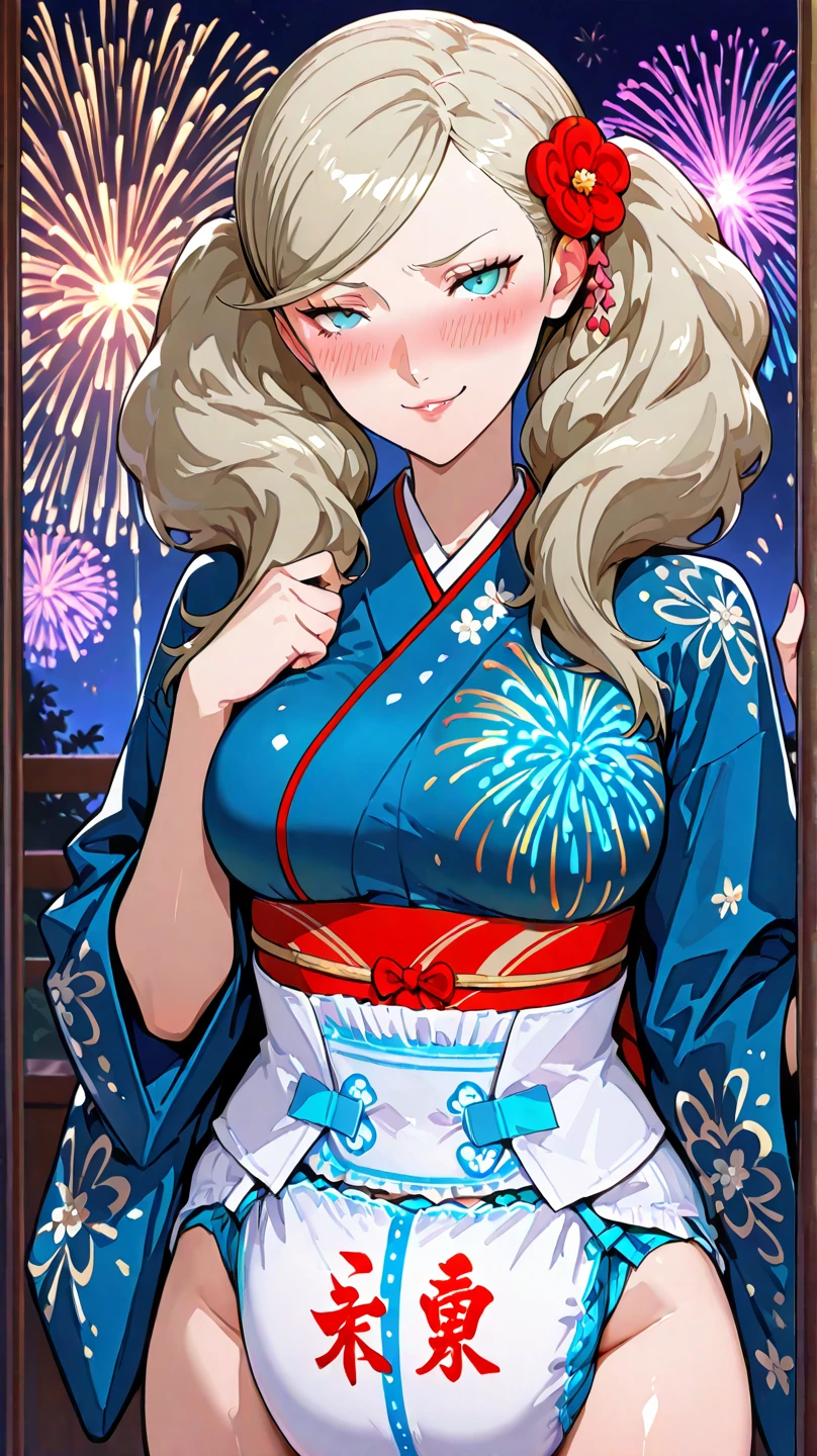 ((One personの女性)), Beautiful Face,(Laughing embarrassedly), (naughty face:1.2), ((Wink:1.9)), (head tilt:1.3), Laughing with your mouth open, upper teeth, ((full-face blush:1.5)), looking at viewer, Glossy Red Lips, (Shining Face), ((anime colored)), ((Anime style background)) , night, Observatory, Festival decorations, firework, ,masterpiece, Highest quality, so beautiful,up to date, Complex details, (Pink long nails),(ring),(bracelet),(choker),AI-generated, Complex,High resolution, Highest quality, super high quality,3D Images、3D Images,One person,Long blonde hair,ponytail, wavy hair ,写真のポーズをとるAnime Women, ((Fine grain、Lightly pigmented turquoise eyes、Shining Eyes:1.3)), (Squint your eyes:1.1),a hyperRealistic , hyperRealistic , Realistic,Anime Women, Smooth anime CG art, ((A woman in a gold embroidered kimono)), ((Pink long sleeve kimono:1.4)),((white floral pattern:1.3)), Long flower hair ornament,Earrings,Mature Body,(Big Breasts:1.1),Tall,Abdominal muscles,Tight waist,(face focus:1.3), ((front view)),