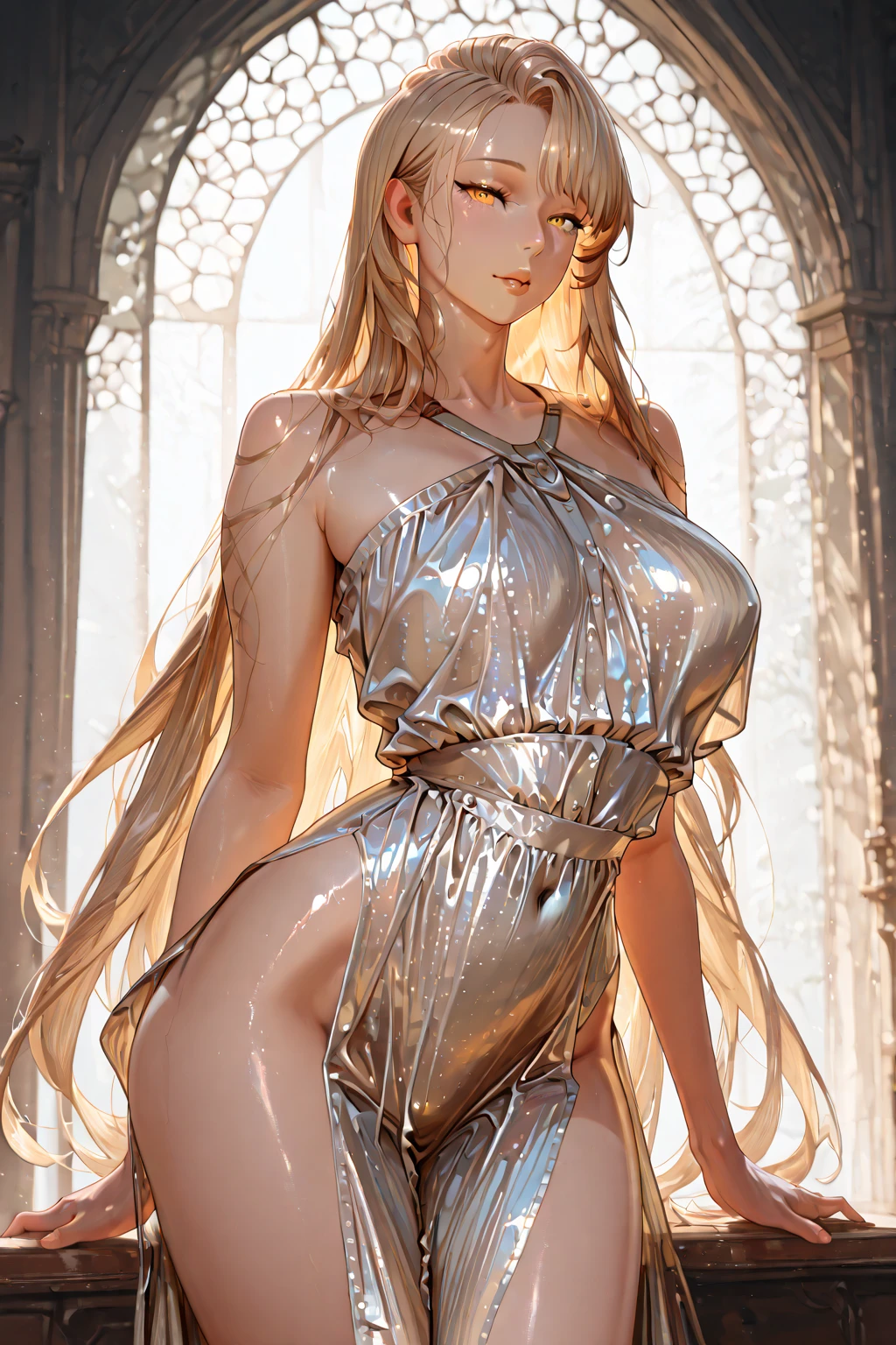 Super detailed、Highest quality、Best image quality、masterpiece、8K、(NSFW)、(shoulder-length blonde hair、Medium Long Hair)、(laugh:1.3、Open Mouth) 、(cheerful)、(tareme)、(tareme)、(big eyes)、(Beautiful shining eyes)、(High Detail Anime Eyes)、(puffy eyes)、(Big Tits:1.5、topless:1.3、necklace)、((SFW Huge Body))、Cowboy Shot、(sxspnts)、(High leg leotard)、(((Front view)))