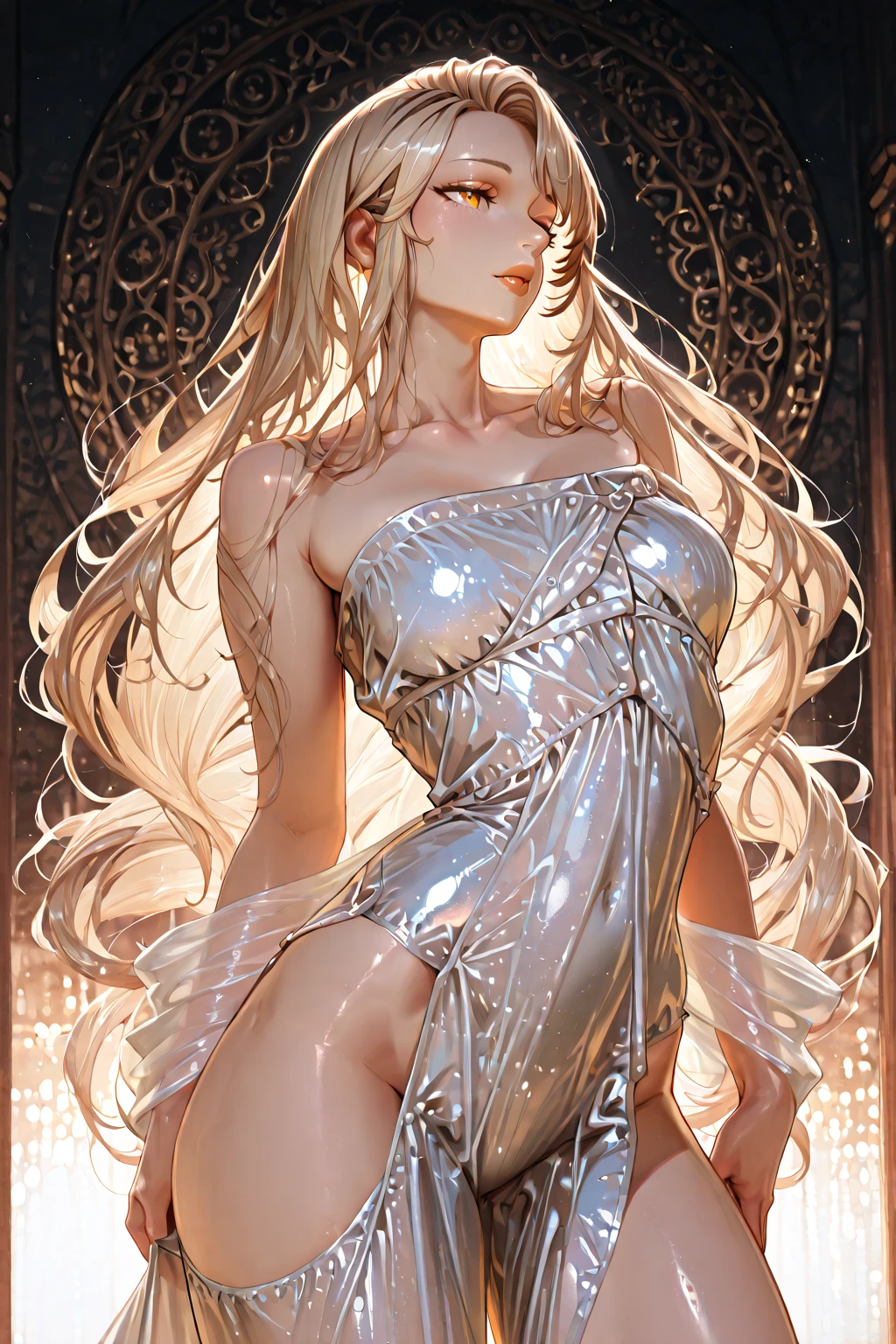 (masterpiece, high resolution, best quality,highres:1.5), CG, illustration, delicate face, cute face, shiny hair, shiny skin, kawaii, sparkling pupils, shiny enamel suit, white latex, {pencil skirt | slightly flared skirt}, looking back, silver hair, BREAK black eyes, full body