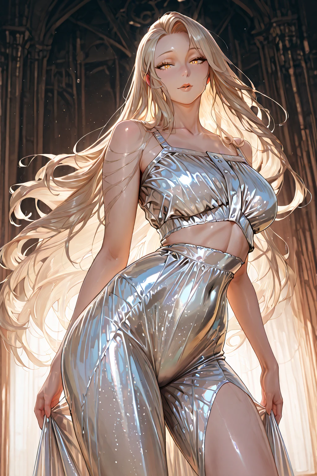 Straight Hair、Pink Hair,((Highly detailed golden sexy dress)), Looks about 17 years old, (beautiful girl: 1.3),1girl,Highest quality,8k,Highly detailed CG unit wallpaper,masterpiece:1.2,Highest quality,Ultra-high resolution,RAW Photos,Realistic textured skin,Cinema Lighting,lively,Big Eyes,Detailed eyes,Wet,Wet,Watery eyes,weak,Huge building,Metropolis,vapor,big, ((big, round buttocks)),Detailed ass,Large Breasts,Lounge at night,Cyber Pink Background,(Brown Skin:1.8),Beautiful glossy lipstick、Perfect Makeup、Ultra-high definition beauty face、Shining Bracelet、Beautiful earrings,((Butt pose)),,(from below:1.3),(looking down, watching at Viewer:1.3)