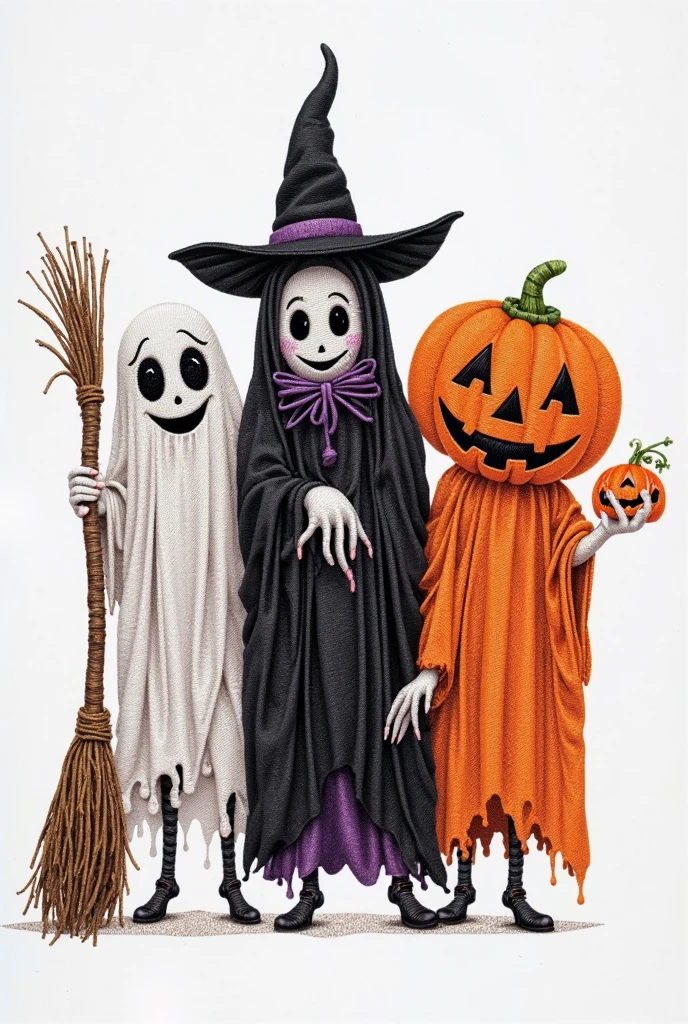 Three smiling ghostly figures with white hats and orange pumpkins. A textured, autumnal background with splashes of orange and brown. Warm tones of orange and brown, with a soft, earthy feel. H