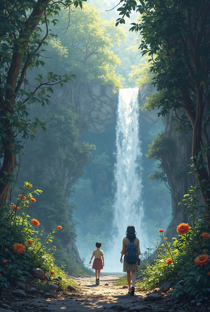 A beautiful women and a boy sitting near the water falls under a green tree the water is very pure ,
Boy and girl are wearing yellowish dress or tshirr