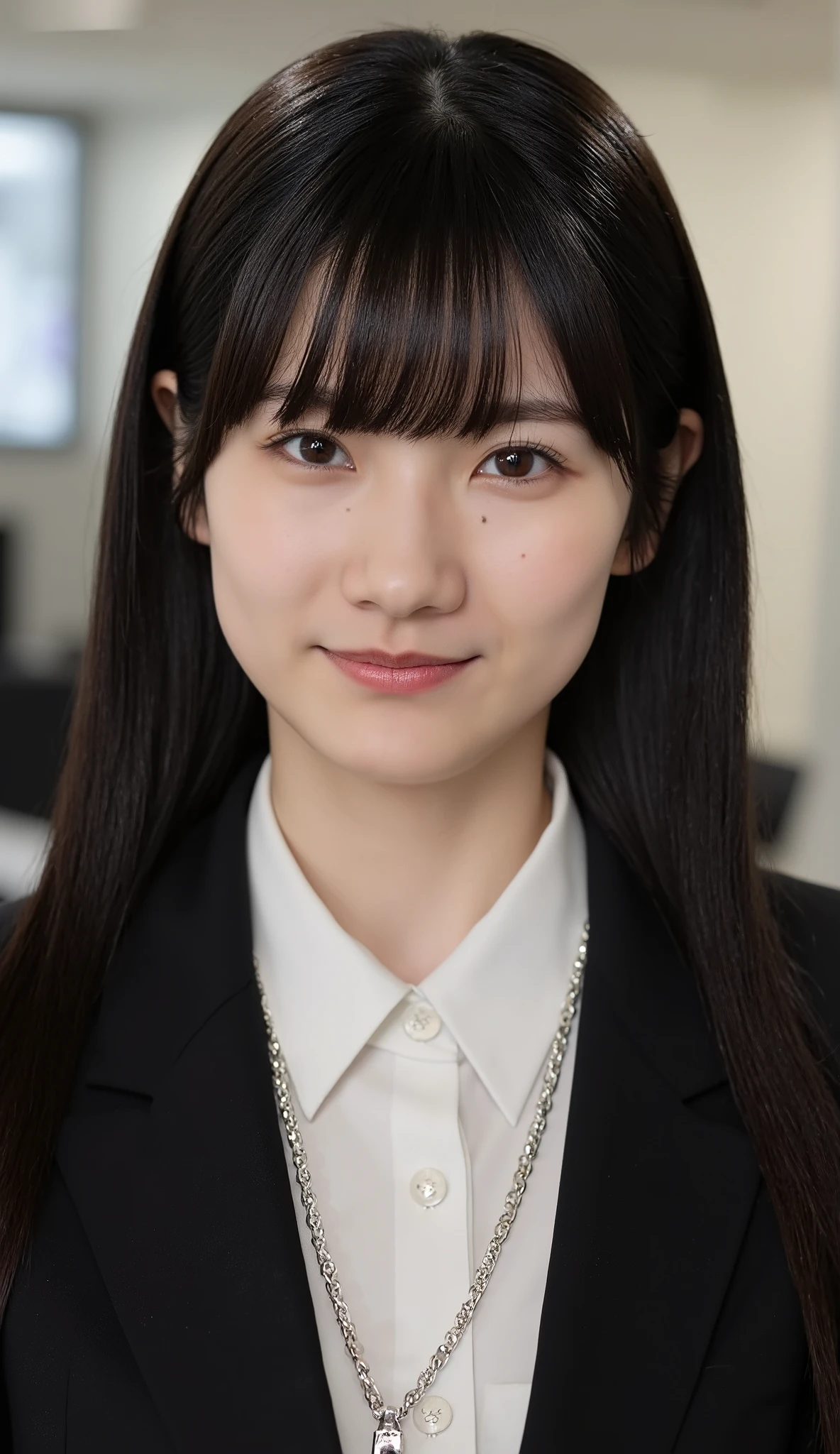 Neat Young Woman、and look at the camera、office lady suit、jacket、shirt、necklace、、ear piercing、dark haired、Has bangs、smile showing teeth、Bust Up Shot、background is office