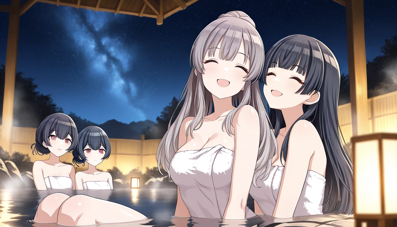 onsen,naked towel, look at viewr, Multiple girls, in group photograph, lineup, harems, High School Girls, 3女の子, Huge perfect breasts, Leaning forward, Cowboy Shot, (Best Quality, 8K, 32K, masutepiece:1.2), focus on breasts