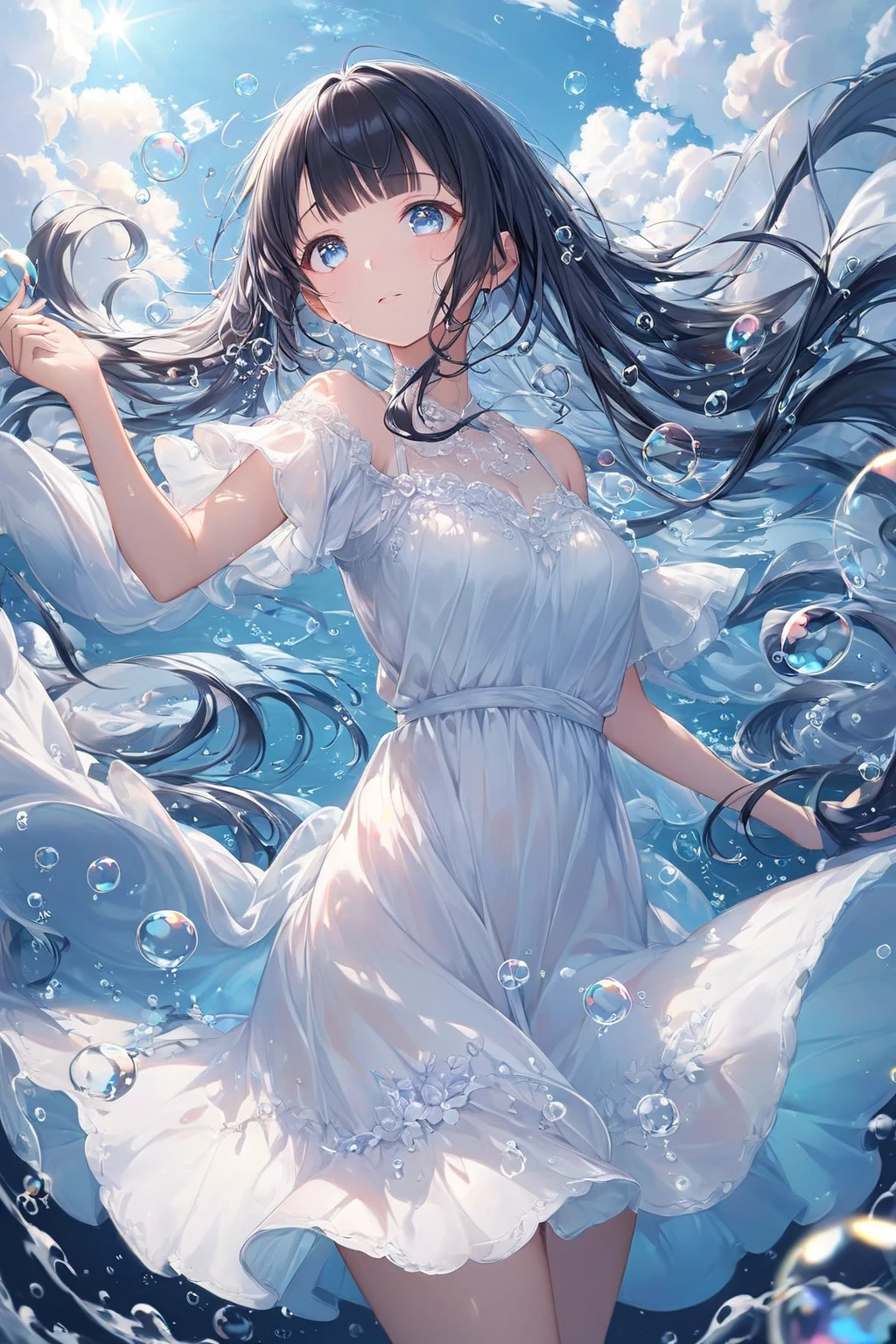 Girl with a spirit of water in her body, (hands on own breasts:1.5), (flat chest:2.0), transparent body, transparent skin, vail, (closed eyes:1.5), transparent skin, lake, submerged, underwater, scenery, absurdly long hair, portrait, midnight, fish
BREAK
anime, illustration, 
(Bokeh, depth of field:1.5), (transparent, translucent, see-through:1.3), cinematic shadow, (reflection, refraction:0.5),
ambient occlusion, bloom, natural lighting, soft lighting, glowing,
concept art, official art, official wallpaper, production art, promotional art,
masterpiece, best quality, extremely high quality, high quality, ultra quality, detailed, ultra-detailed, extremely detailed, insanely detailed, intricate, extremely intricate, insanely intricate, extremely delicate, insanely delicate, high definition, extremely detailed background