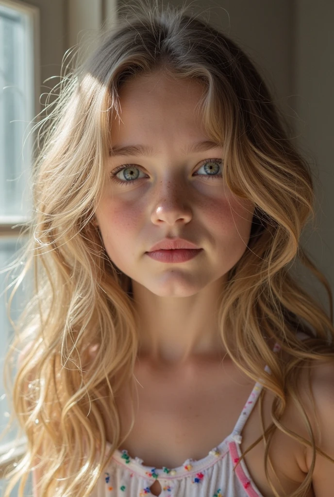 (12-year-old girl) hyperrealistic, photorealistic, (yoga pants) (blond hair) (blue eyes) (pale skin), very Cute, full body, baby face, Perfect face, high real face, sociable girl. long hair.  ((detailed face)), ((detailed facial features)), (finely detailed skin),  ((Location: room)), analog style, masterpiece, faithful details, natural skin texture, super natural, RAW, high sharpness, low contrast, dramatic light