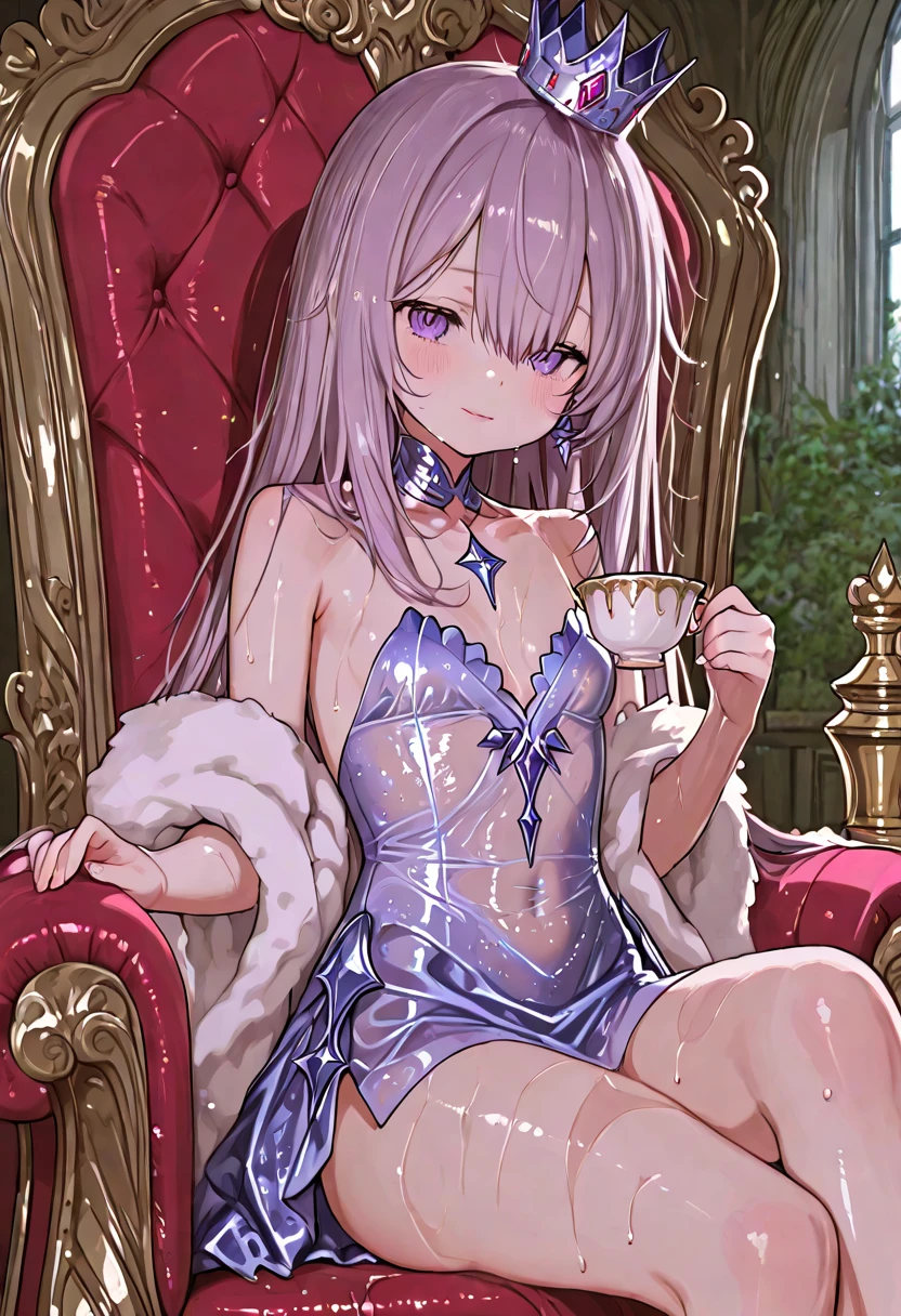 Transparent hair、hime-cut、Golden Eyes、eye glasses、ssmile、early teenage girls、flat chest、Thin pubic hair、Beautiful open legs、bath robe