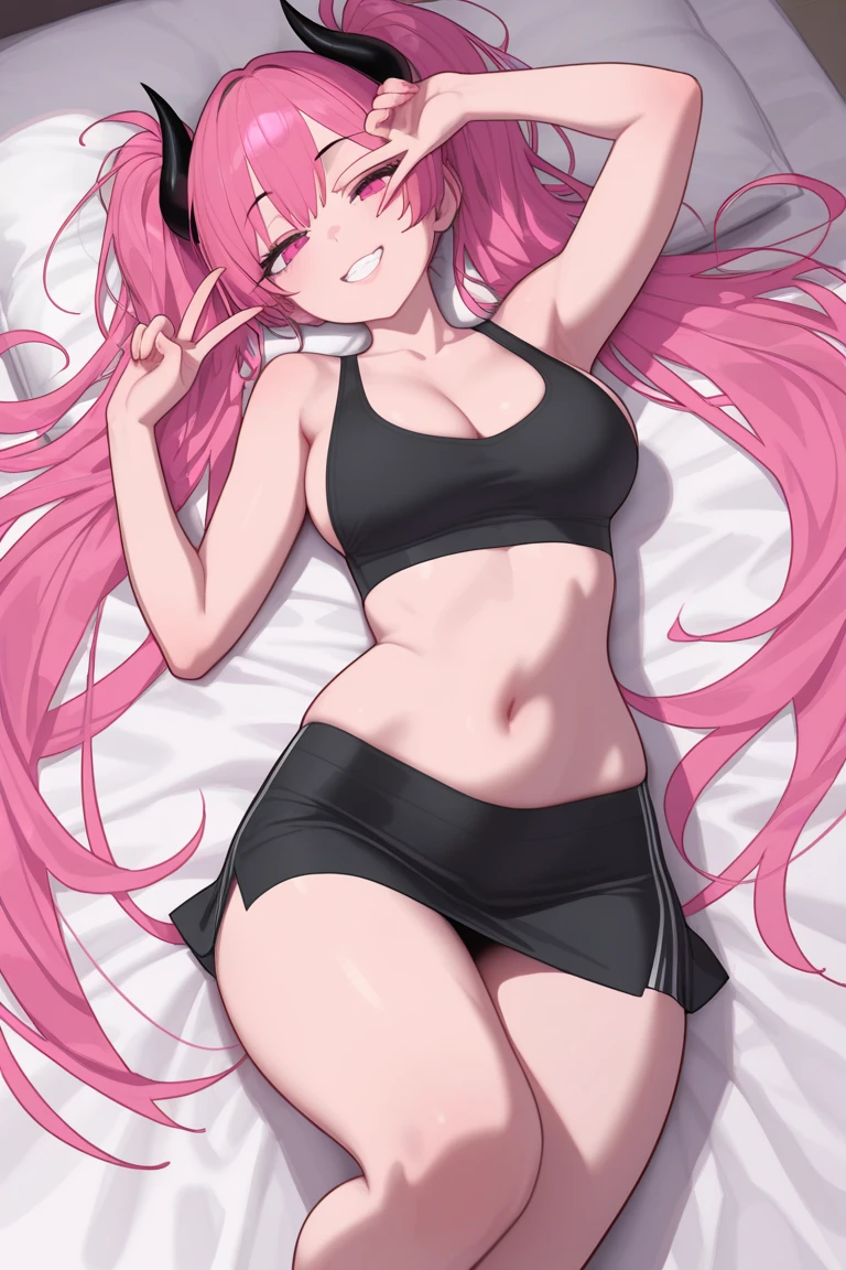 ((female)), (very messy hair), pigtails, Fangs, ((ripped abs)), toned arms and legs, medium breasts, Excessive sweating, (in the bedroom), bright blue eyes, ((pink hair)) , barefoot, ((standing)), (((lying on the bed in a sensual pose))), ((wearing only a thong)),