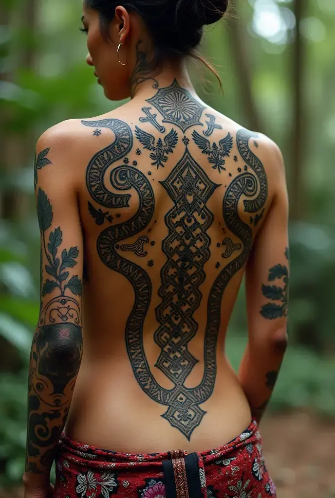 Elaborate(Back Tattoo:1.6)を入れた美しくElaborateサキュバス、Stunning traditional demon costume、Demon Jewelry、Elaborate顔の特徴、Demon Tattoo、Unique color tone、Dramatic lighting、Very sophisticated、Cinematic、Ultra-realistic、8k、masterpiece、Award-winning、Dramatic chiaroscuro lighting、Bright colors、Moody atmosphere、Photorealistic