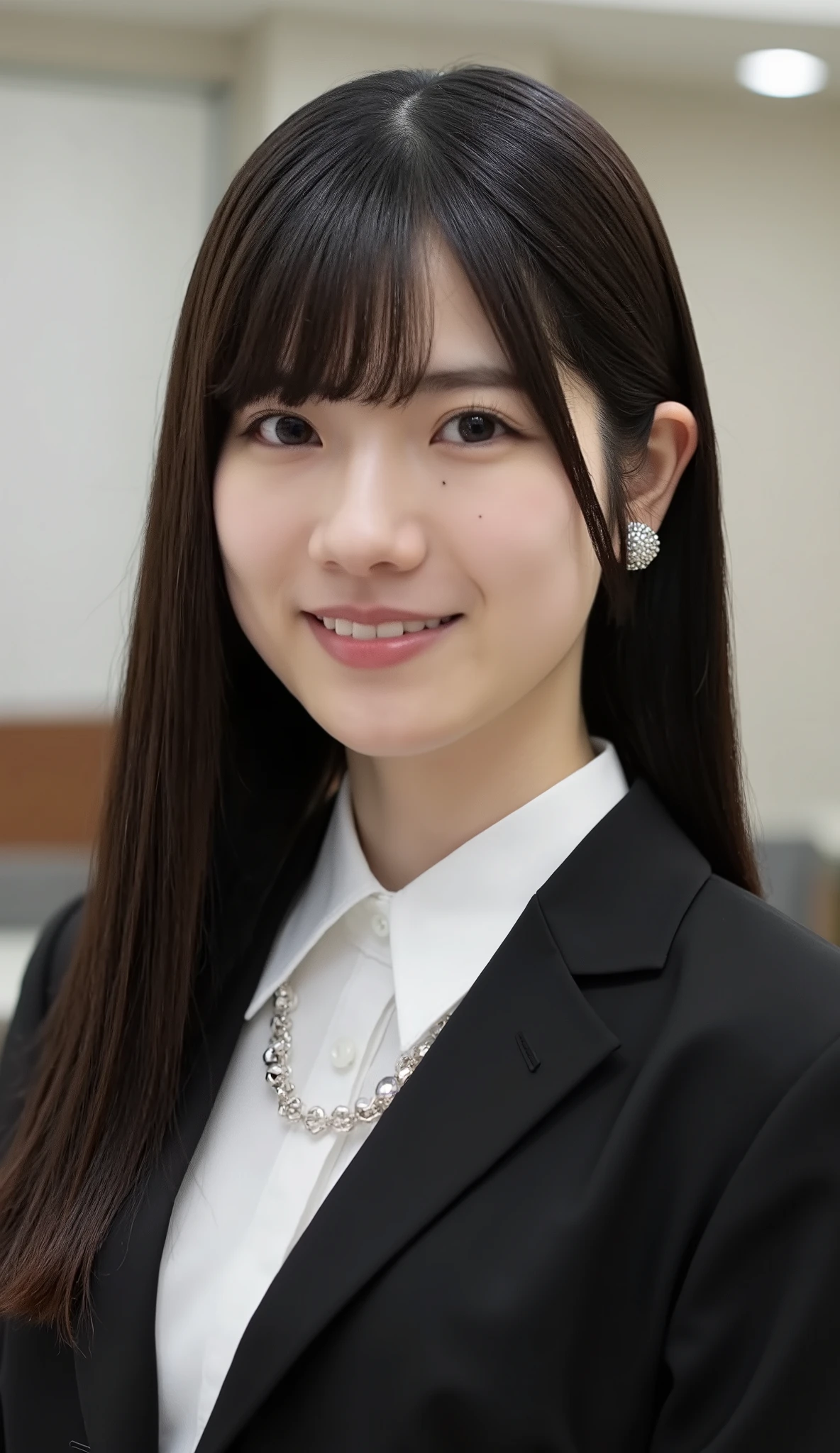 Neat Young Woman、and look at the camera、office lady suit、jacket、shirt、necklace、、ear piercing、薄い茶髪、、Has bangs、smile showing teeth、Bust Up Shot、background is office
