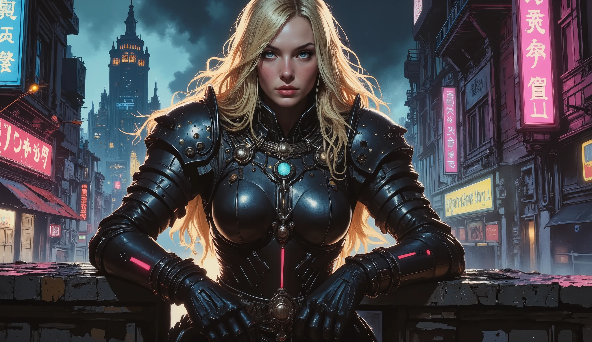 a futuristic cyberpunk woman with blonde hair,beautiful detailed eyes,beautiful detailed lips,extremely detailed face and eyes,longeyelashes,wearing a futuristic steampunk uniform,embracing a mysterious android,dimly lit planetary colony,industrial structures,neon lights,impending danger,romantic atmosphere,photorealistic,8k,ultra-detailed,masterpiece,cinematic lighting,dramatic composition,moody colors,neon cyberpunk,science fiction,concept art