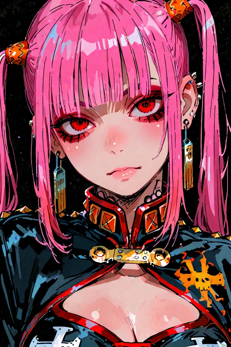 best quality, masterpiece, by rolua, 1girl, solo, hair rings, chain, yellow eyes, blue hair, red background, long hair, looking at viewer, braid, jewelry, open mouth, hair ornament, fangs, bangs, teeth, mole, dress, simple background, black nails, fingernails, cross, bare shoulders, chinese clothes, upper body, nail polish