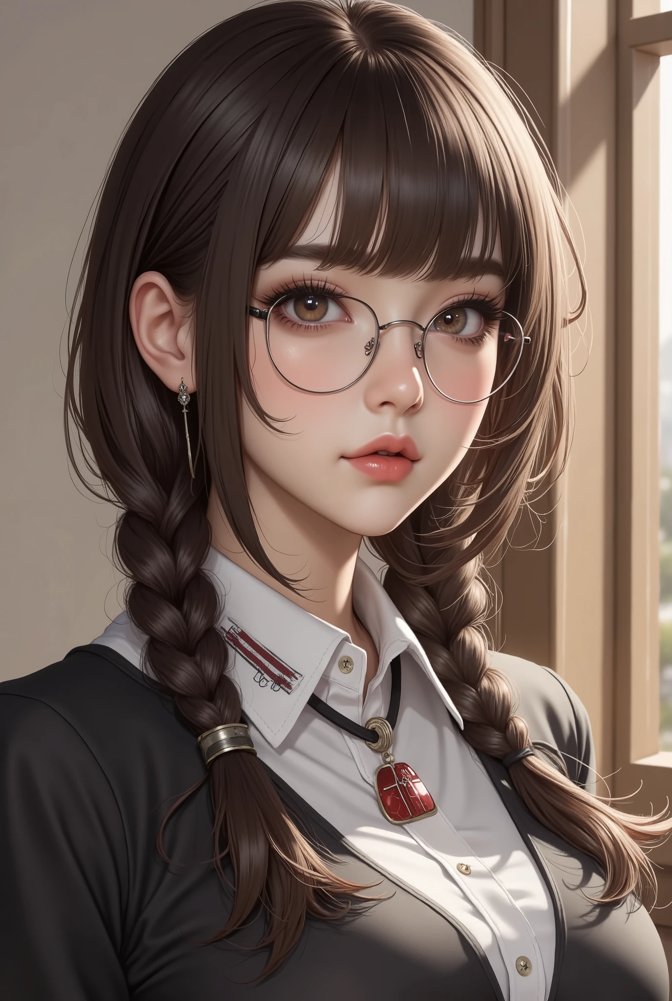 1 Female,Brown Hair, ,((Anxious expression)),Beautiful breasts,uniform,Stylish,,(Look forward)(((Blushing、Surprised expression)),(((Braid))),((( Upper body portrait)))Frameless Glasses