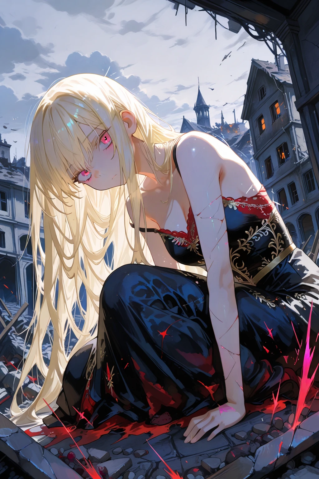, girl in black japanese , badass anime 8k, anime art wallpaper 4k, anime art wallpaper 4k, fantasy anime artwork 2.5 d cgi, art wallpaper 8k anime, digital detailed anime art, beautiful fantasy anime, epic anime artwork, 4k anime wallpaper, detailed anime artwork, sexy, sexy, woman, anime style, best quality, extremely detailed, best shadows), (detailed background, dark fantasy), (beautiful detailed faces), high contrast, (best lighting, extremely delicate and beautiful), ((cinematic lighting)), colorful, super detailed, dramatic lighting, intricate details, (1 girl, solo, sharp face, . Blonde, super long hair , thin bangs, long eyelashes, dynamic angle), blood splatter, black light swirling around character, depth of field, black light particles, (broken glasagic circle