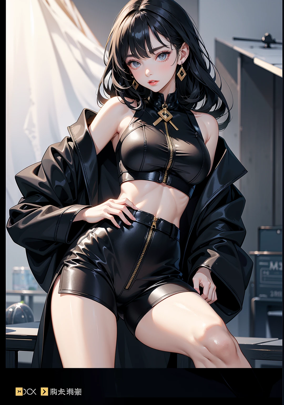 "Viper" outfit consists of a cropped, gold and brown snakeskin jacket with 2 belts around the hem, split, zippered cuffs, and a fur-lined collar over a dark brown bikini top. Anna also wears black leather short shorts that are laced up at the sides and have an undone, gold zipper over a visible black thong, as well as black sandal heels with gold hexagonal buckles at the outer side of each, black leather gloves with gold studs at the knuckles, matching small black straps around her wrists, brown sunglasses with gold, snake shaped temples, and 2 gold necklaces. In this outfit, Anna has a rose and thorn tattoo spanning from her left hip to her left upper thigh. SPARKLE; GLITTER