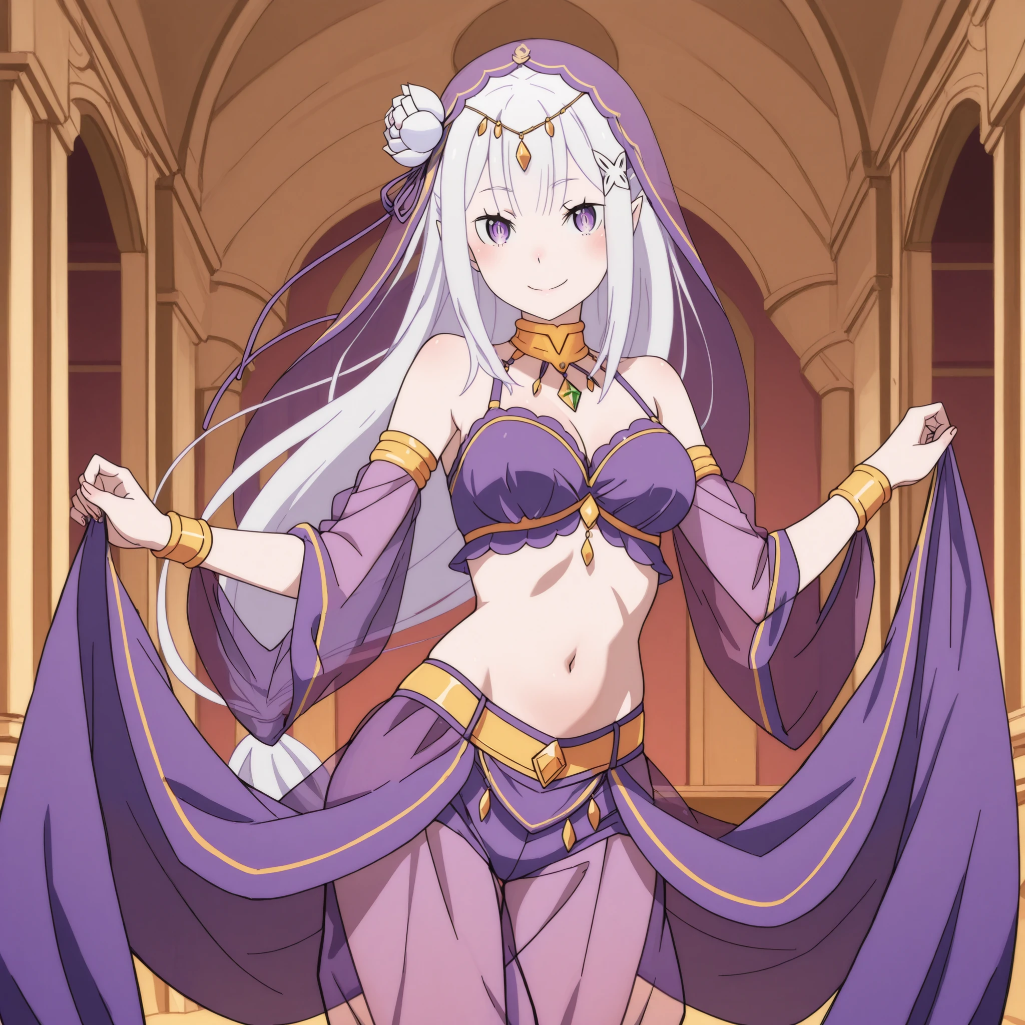 1girl:1 . 5) , (Seul:1 . 5) , score_9 , score_8_haut , score_7_haut , source_anime , Official work , ultra-detailed , masterpiece , best quality plaid shorts , high res , beaux yeux , detailed eyes , Detailed Face , beautiful detailed eyes ,RE:ZERO, Emilia , Arabian Clothes , Arabian Dancer ,belly dancer costume , veil , golden jewelery,harem outfit, harem skirt, harem pants, Transparent pants, belly dancing, harem veil , arabian garden , seductive smile, dancing with veil, dynamic movement, sexy pose