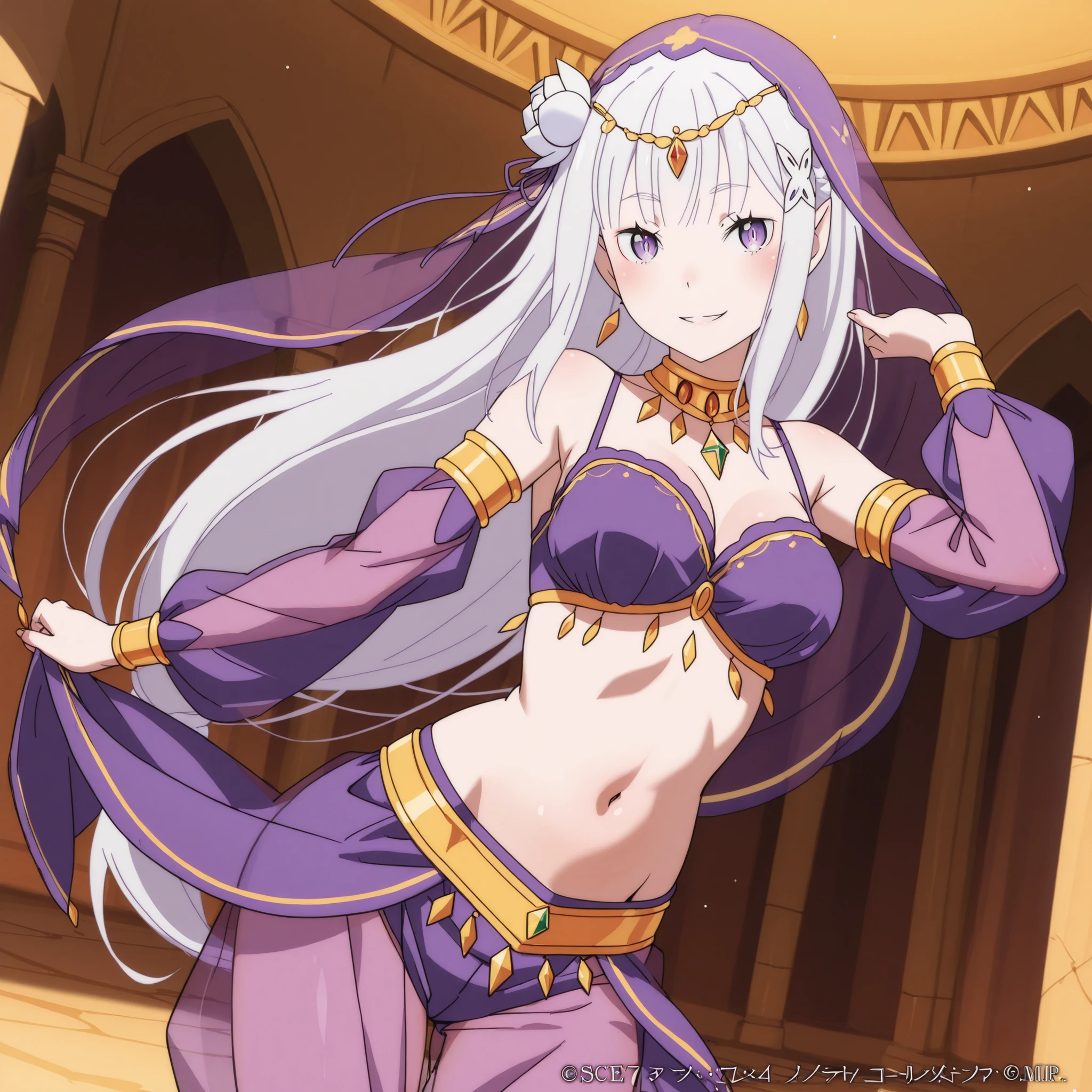 1girl:1 . 5) , (Seul:1 . 5) , score_9 , score_8_haut , score_7_haut , source_anime , Official work , ultra-detailed , masterpiece , best quality plaid shorts , high res , beaux yeux , detailed eyes , Detailed Face , beautiful detailed eyes ,RE:ZERO, Emilia , Arabian Clothes , Arabian Dancer ,belly dancer costume , veil , golden jewelery,harem outfit, harem skirt, harem pants, Transparent pants, belly dancing, harem veil , arabian garden , seductive smile, dancing with veil, dynamic movement, sexy pose