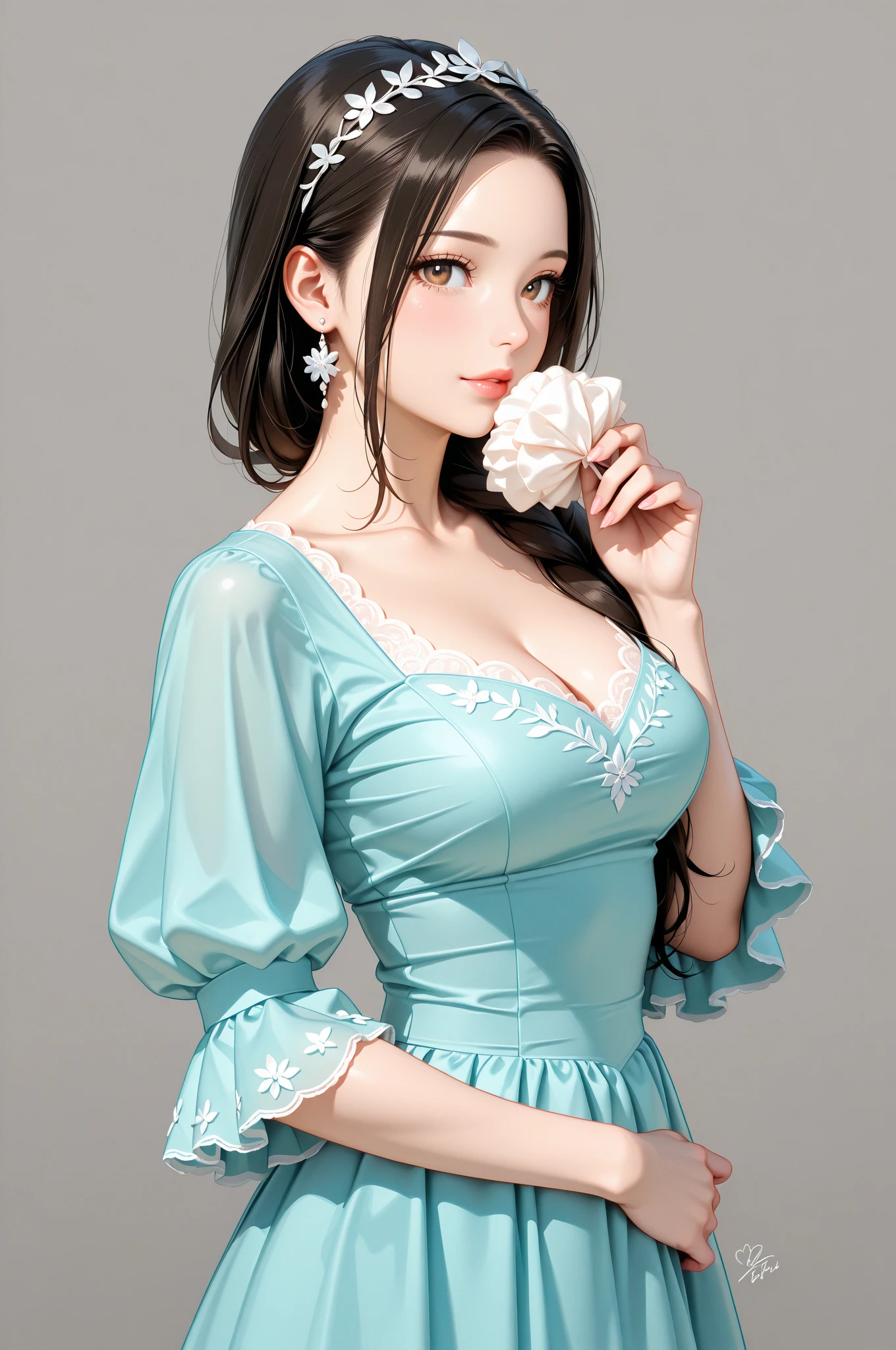 1girl,They wear a light green dress with sheer puff sleeves and a fitted bodice, tied with a light blue bow at the waist. The outfit exudes a feminine and sophisticated beauty, with a pearl necklace around her neck and flower accessories in her hair. The soft natural light creates a serene and elegant atmosphere, enhancing the overall composition. The background features floral elements and sheer curtains, adding an ethereal and springtime feel to the scene., (best quality,8k,highres,masterpiece:1.2),ultra-detailed,(realistic,photorealistic,photo-realistic:1.37),studio lighting,ultra-fine painting,sharp focus,physically-based rendering,extreme detail description,professional,vivid colors,,huge breasts,Nanami