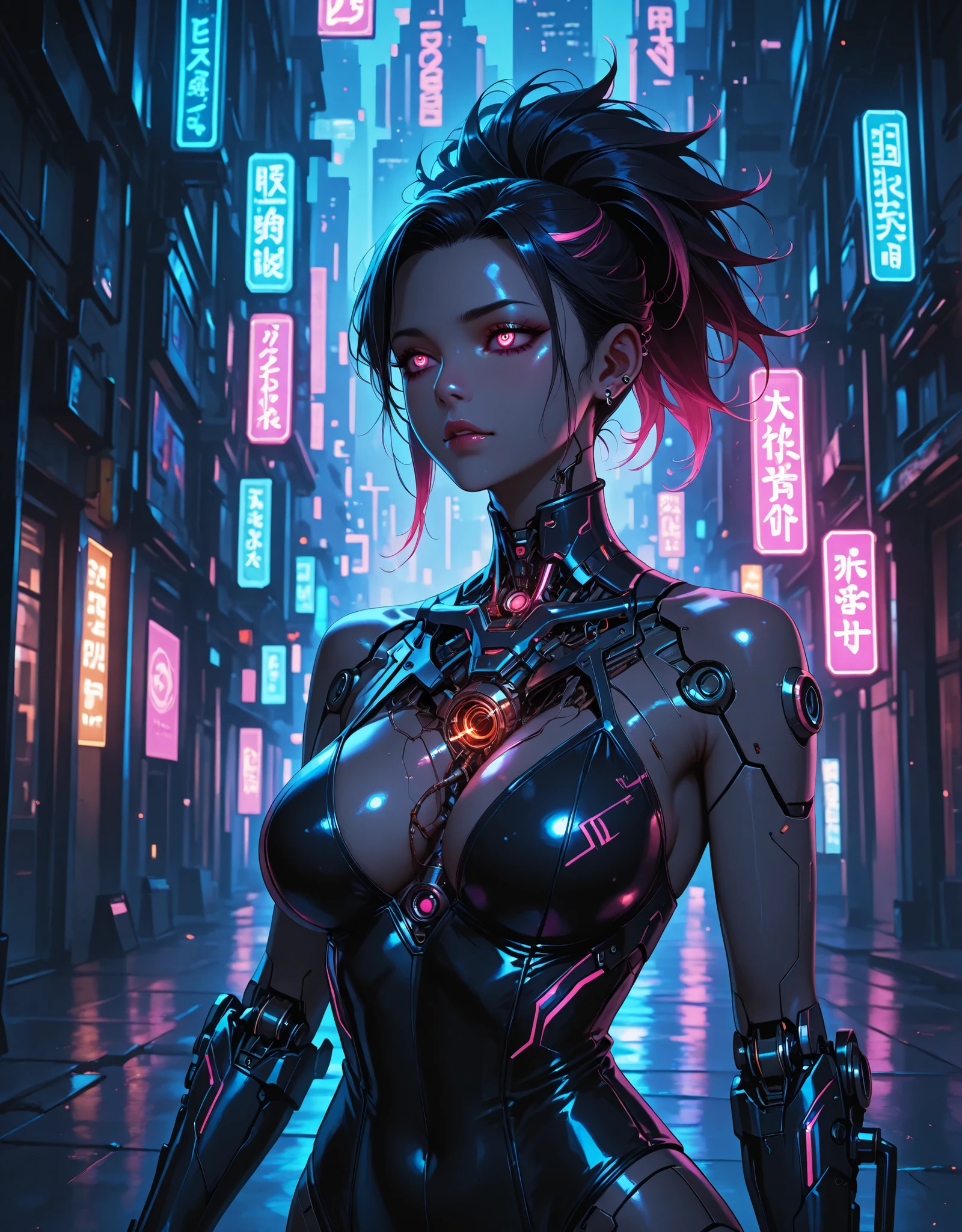 ((una hermosa chica cyberpunk viste un disfraz de Harajuku Tech), (lentes ciberneticos de tinta rosa), con pecas, lengua traviesa de fuera, aretes de neon, pelo azul despeinado, tatuajes yakuza, autodisparo, raytraced, viento, paisaje de la ciudad ciberpunk, (aesthetics and atmosphere:1.2),sonriente, Laugh，plano amplio, cuerpo completo, extremidades cyberneticas. (foto cruda, mejor calidad), (realista, photo-realista:1.3), Obra maestra, un extremadamente delicado y hermoso cuerpo, extremidades ciberneticas extremadamente detalladas, Best quality score, ultra dynamic punk pose, middle body, close up, high view, neon lights atmosphere, angulo picado, colores neon: rosa, verde, morado y azul