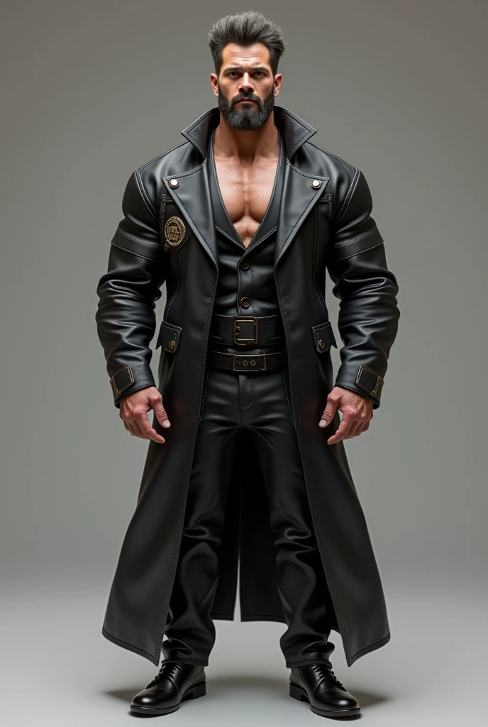 From below, a side view of a muscular man in full leather BLUF uniform, Tom of Finland style, all black leather, leather shirt, leather pants, tall leather shiny boots, wearing a long black sleeved leather coat with metal studs and zippers like a rocker leather jacket and a massive, exxagerated, stiff tall high collar turned up tight against the sides of his face completely, like a spy’s coat. The collar must cover his ears and sides of the head completely.
Detailed facial features, extremely detailed muscular physique, lots of chest hair, hairy chest, masculine tattoos, large penis, massive outline of bulging penis, fierce and intimidating expression, commanding pose, black mohawk, bearded face, clear and sharp lighting, photorealistic, cinematic, hyper-realistic, high quality, 8k, ultra-detailed, physically-based rendering, studio lighting. Massive bulge. Big penis outline.
Stiff Leather collar exxaggerated to the top of the head. Turne-up collar very high and stiff. Slick black leather, very polished.
Wearing tight long gauntlet black leather gloves and aviator black reflective rayban glasses.