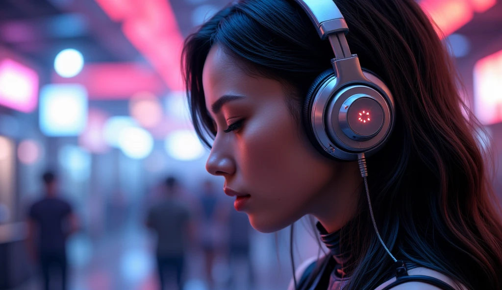 A beautiful Japanese-French woman studying by the window. Outside the window are the neon lights of a building. Headphones　
Brown hair, one-length camisole, large breasts