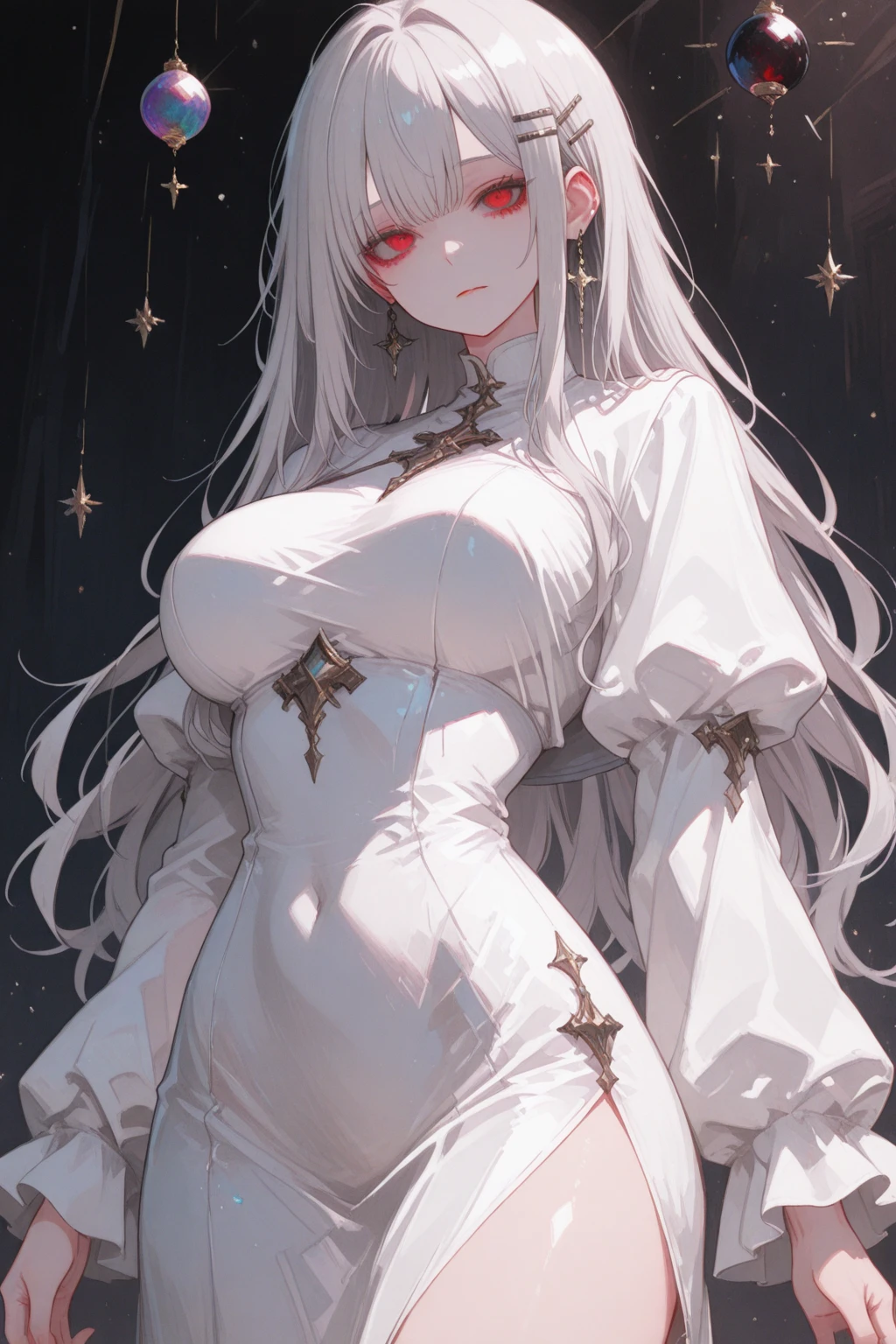 fairy queen,Long gray-white hair,Coiled hair,Hairpins,Crystal crown hair ornament,Off-white eyes,Eye highlights,White skin of the,Big Breasts Girl,Off-white off-the-shoulder low-cut slip dress,drooping chest,White translucent stockings,Reverent eyes,lying on sofa