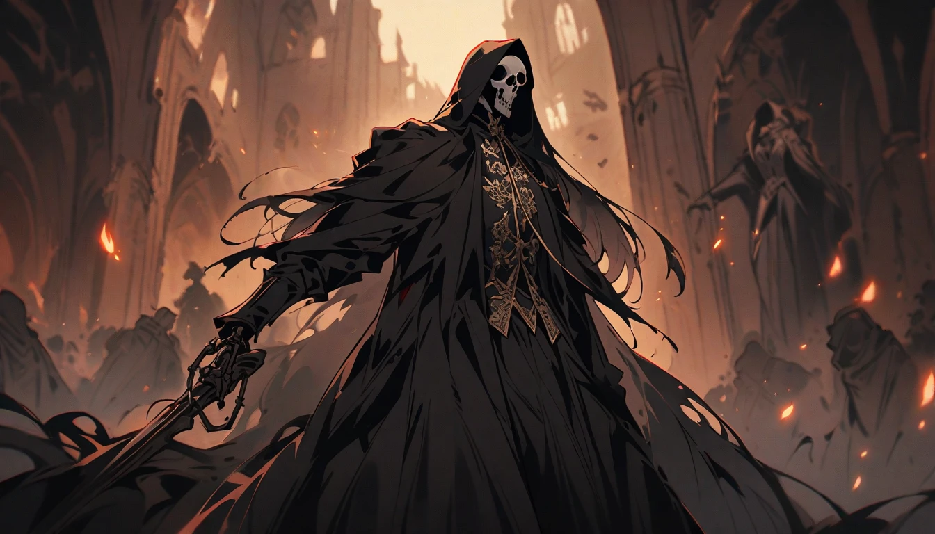 a horrifying skeletal reaper, majestic dark horse, ominous raven, highly detailed, 8k, photorealistic, dark and gritty, dramatic pose, haunting gothic scene, dramatic shadows, muted colors, ominous moody atmosphere, cinematic lighting, extremely detailed face and eyes, sharp focus, physically-based rendering, vivid colors