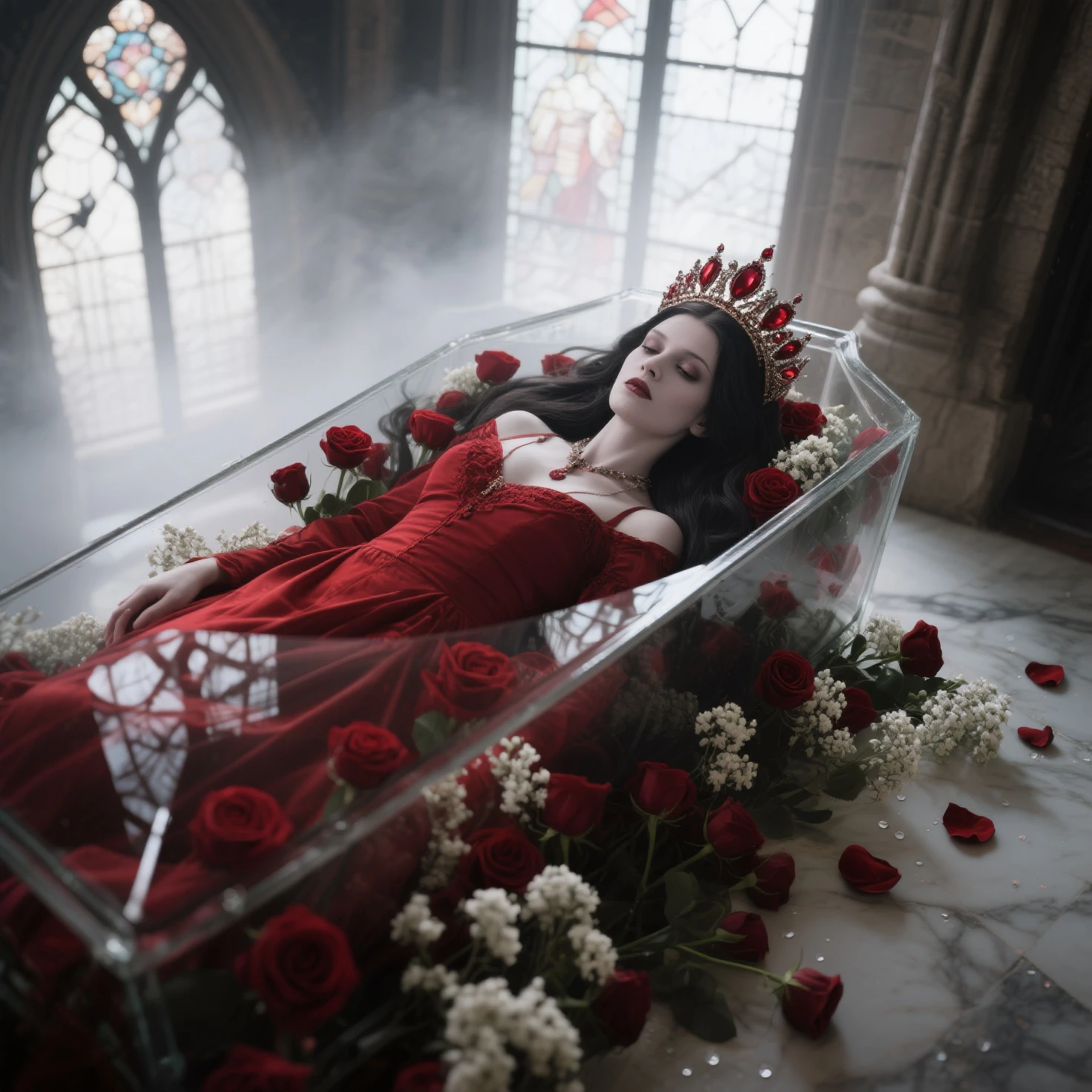 Relistic photography of a woman lying on a bed of blood with a rose garden in the background, Horrible background, horror!! Highly detailed, cursed images, still from animated horror movie, Gapmoe Yandere, Laying on roses, Detailed digital art, Her eyes bleed intensely