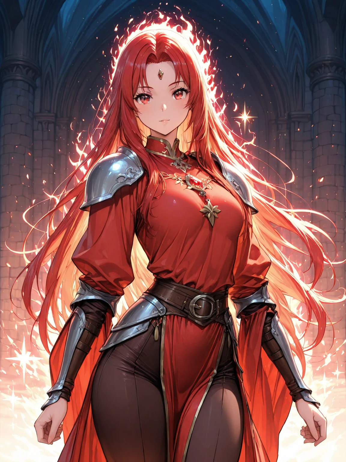 4K,High resolution,One Woman,Red Hair,long hair,Braid,Blue Eyes,Big Breasts,knight,Golden Armor,Full Armor,Golden gloves,Golden shoes,Red Cape,Black leggings,Jewelry decoration,hair band,Long sword,Inside a medieval castle
