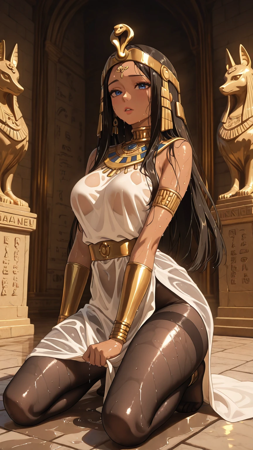 1 woman, black hair, very long hair, golden eyes, beautiful eyes, big eyes, big lips, glossy lips, very curvy body, big breasts, long legs, big butt, wide hips, thick thights, defined image, seductive gaze, ancient Egyptian, ancient Egyptian queen, big gold earring, gold necklace, gold bracelets, white dress, sexy, detailed feet,  beautiful feet