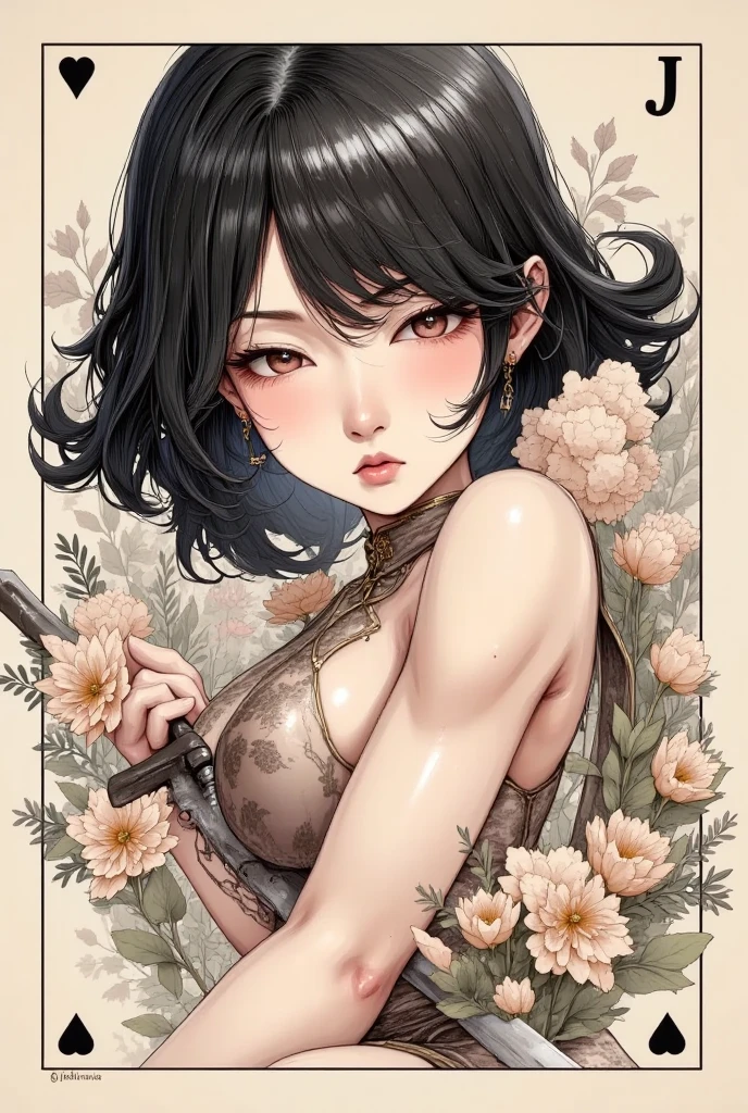 masterpiece,best quality,ultra detailed ,1girl ,black hair ,medium hair ,wavy hair nude Completely naked Floral decoration on the body Body Art smile