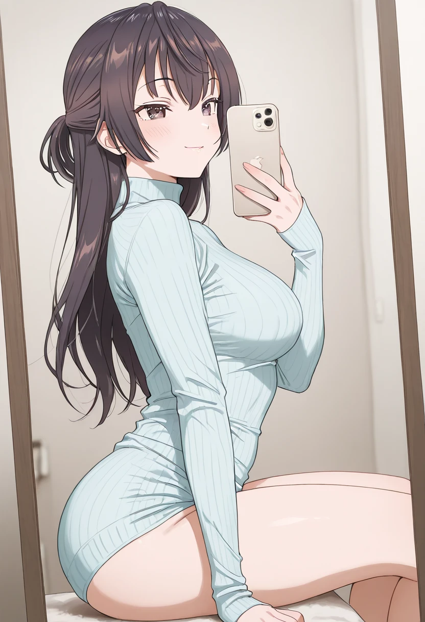 1boy,Hands to shoot、POV, Hold up your smartphone screen、Girl on smartphone screen、Smartphone screen in front of the screen、Smartphone Focus、1girll、Girl in the back、japanese Gal、Fancy makeup、Shiny pink bed、sexy milf、ero teacher、huge tit、Vertical ribbed sweater dress、